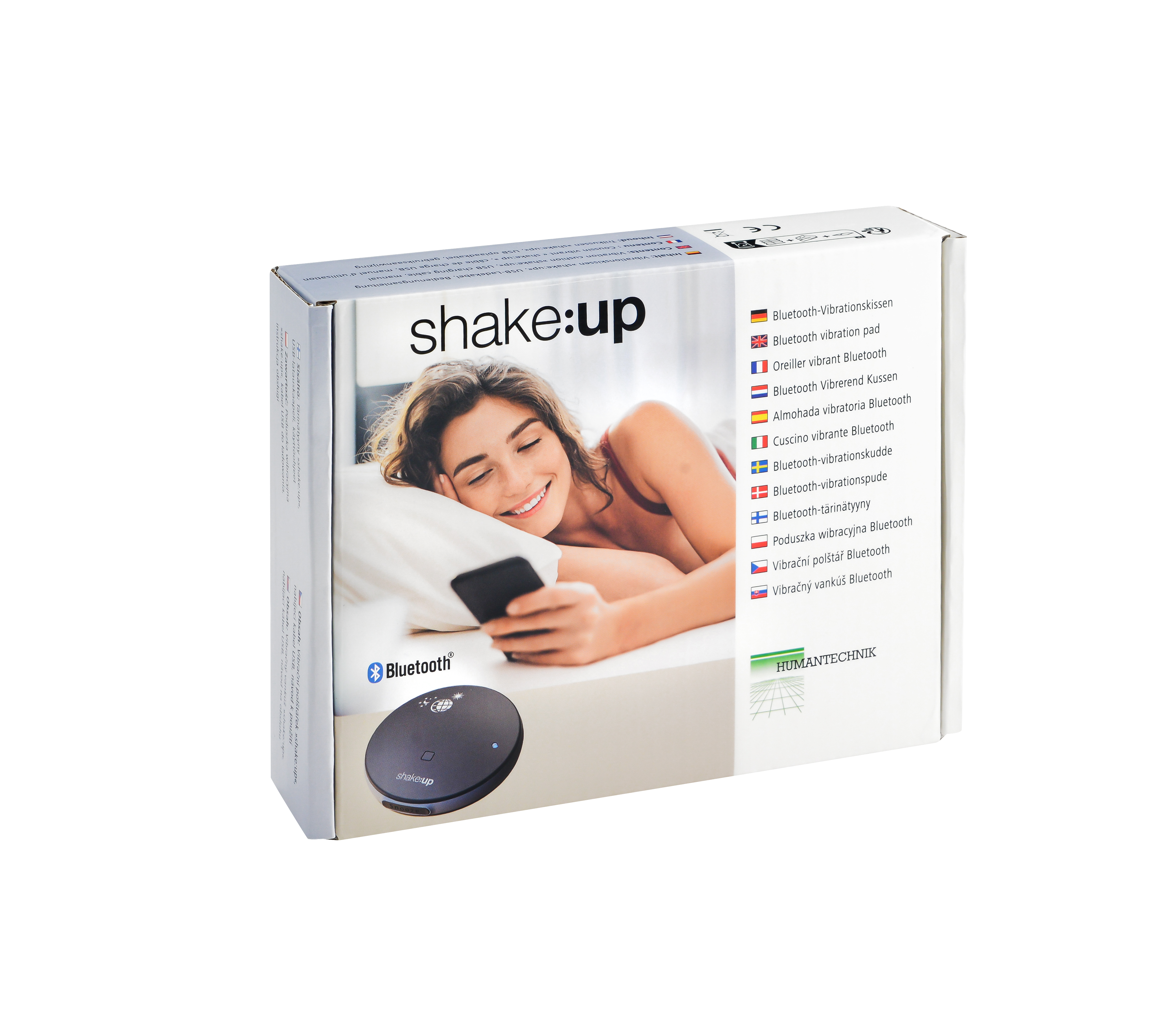 Verpackung eines Bluetooth Vibrationskissens mit Frau und Handy.