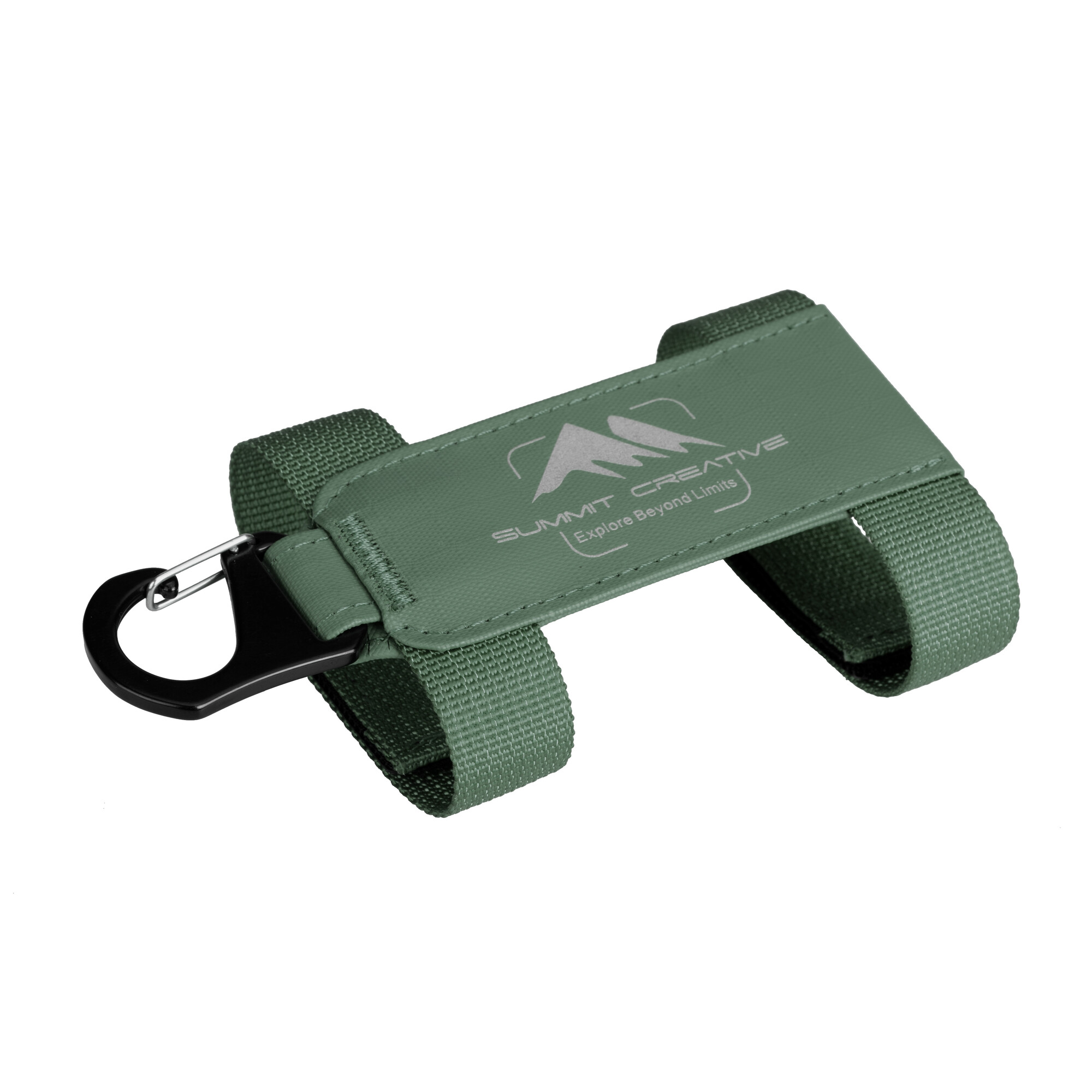 Grüner Riemen mit schwarzem Karabiner und Berglogo mit Text.