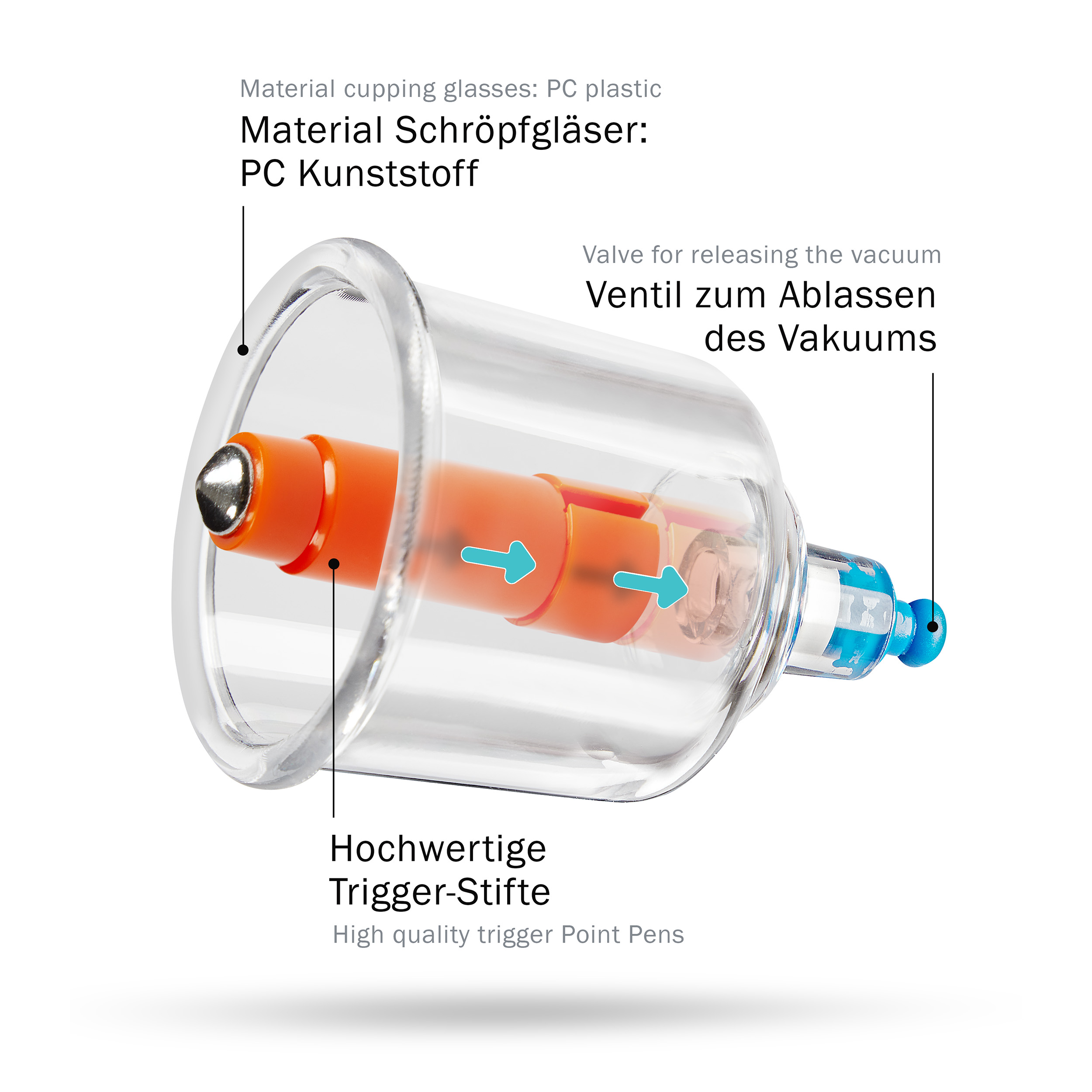 Ein transparenter Schröpfkopf aus Kunststoff mit orangefarbenem Kolben und Ventilstange.