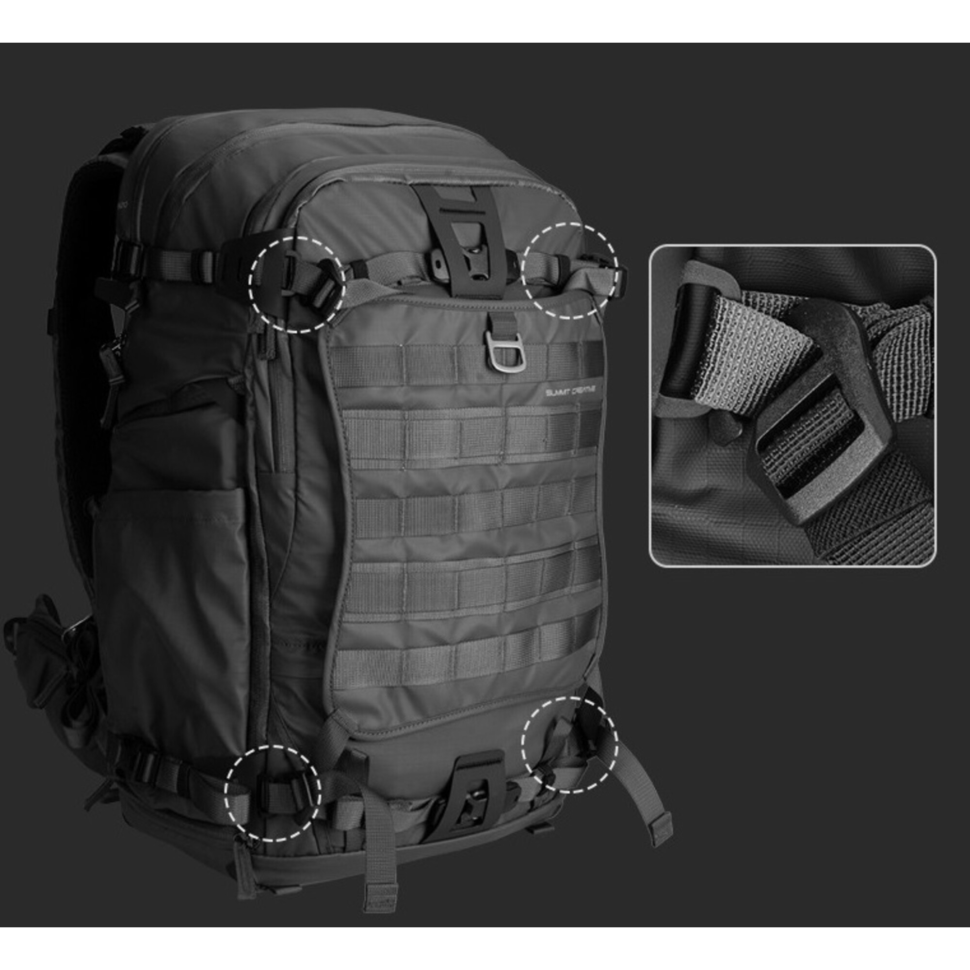 Ein schwarzer Rucksack mit MOLLE-Schlaufen und Schnallen, Nahaufnahmen zeigen Details.