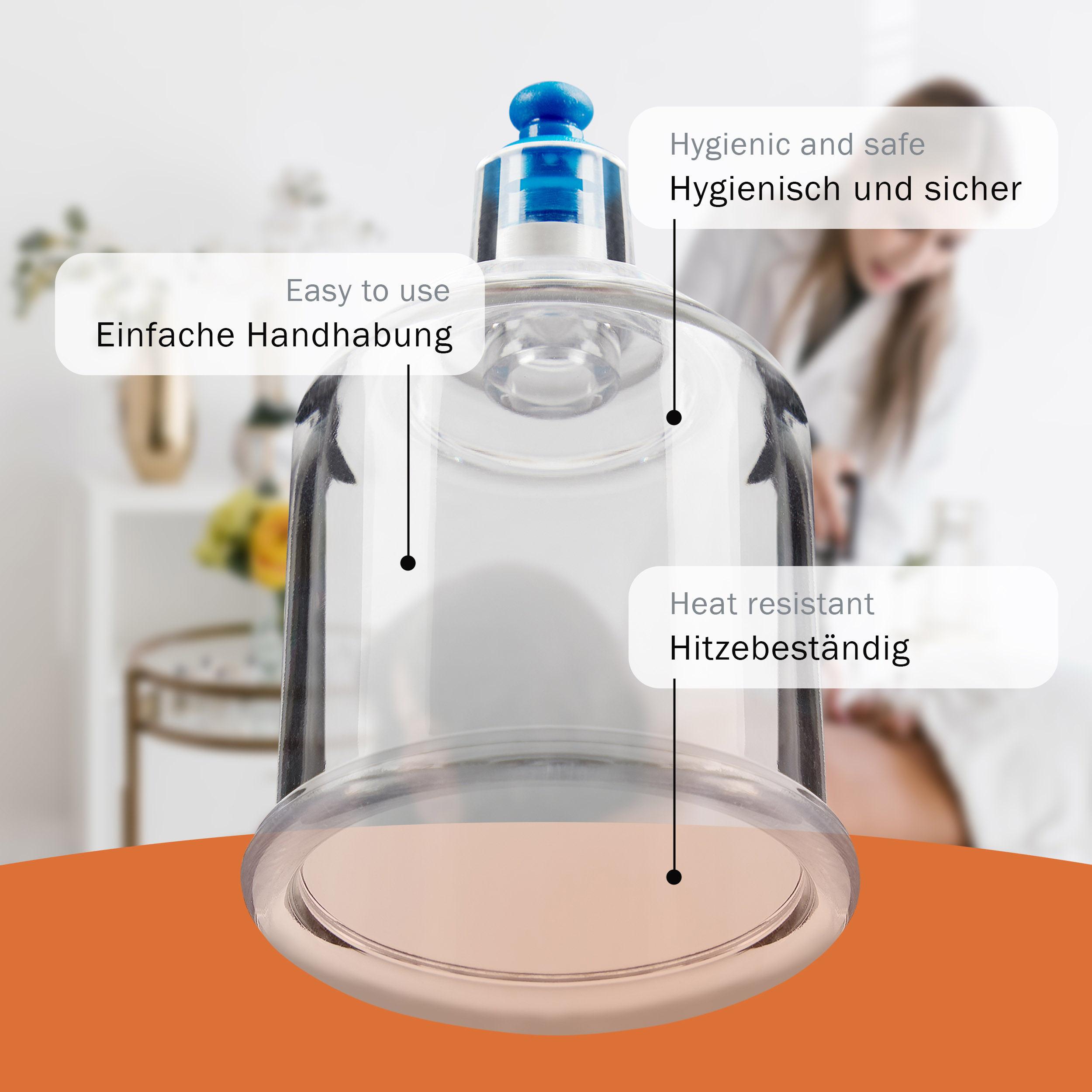 Klarer Schröpfkopf mit blauer Kappe, auf orangefarbenem Hintergrund.