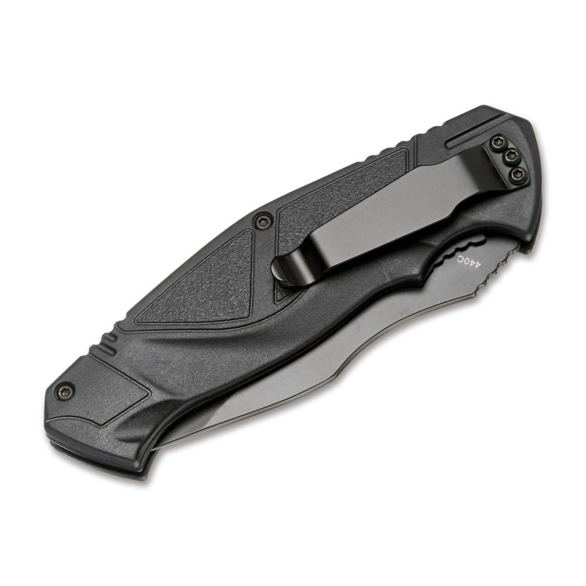 Ein schwarzes Klappmesser mit Clip und 440C-Stahlmarkierung.