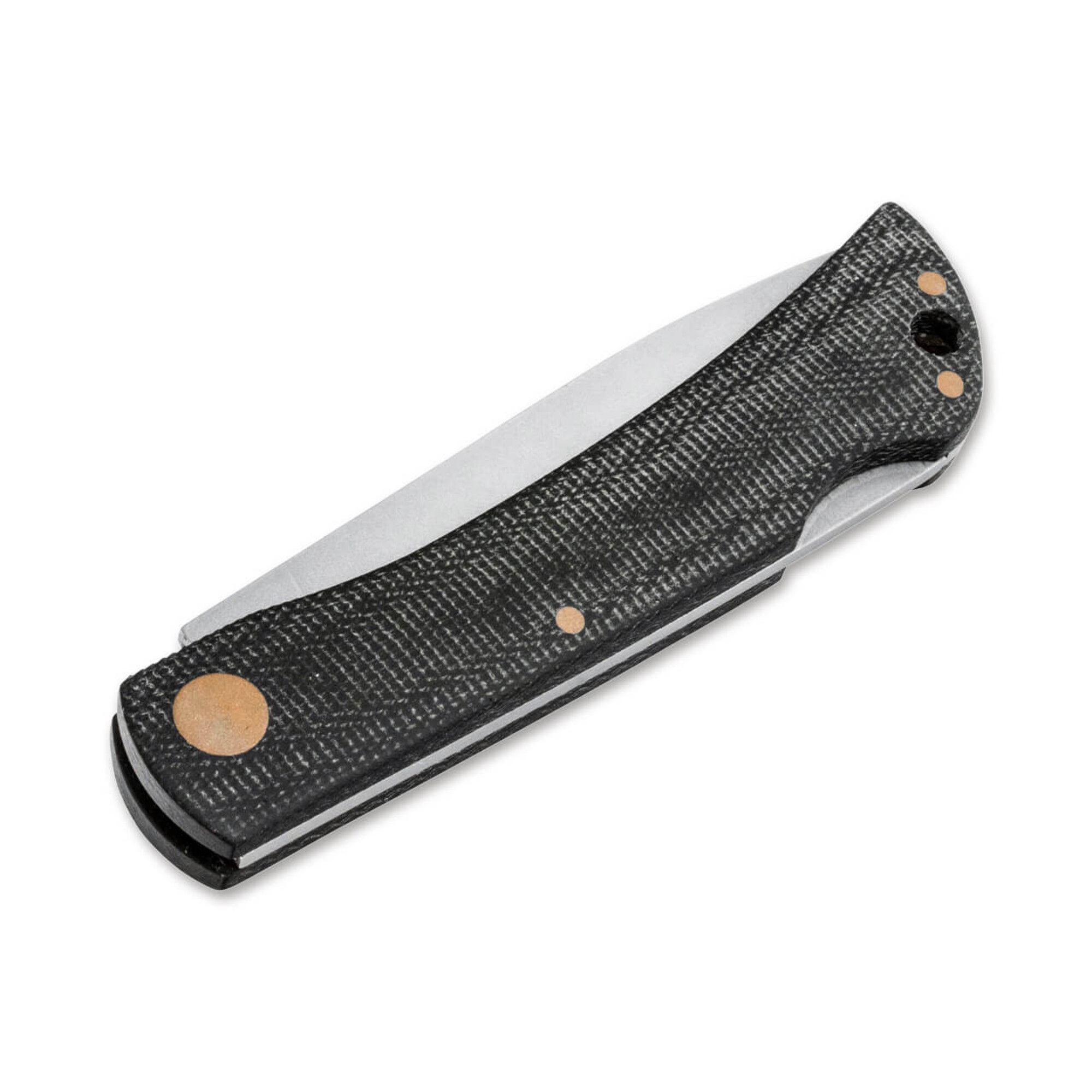 Ein geschlossenes Taschenmesser mit schwarzem Griff und Metallelementen.