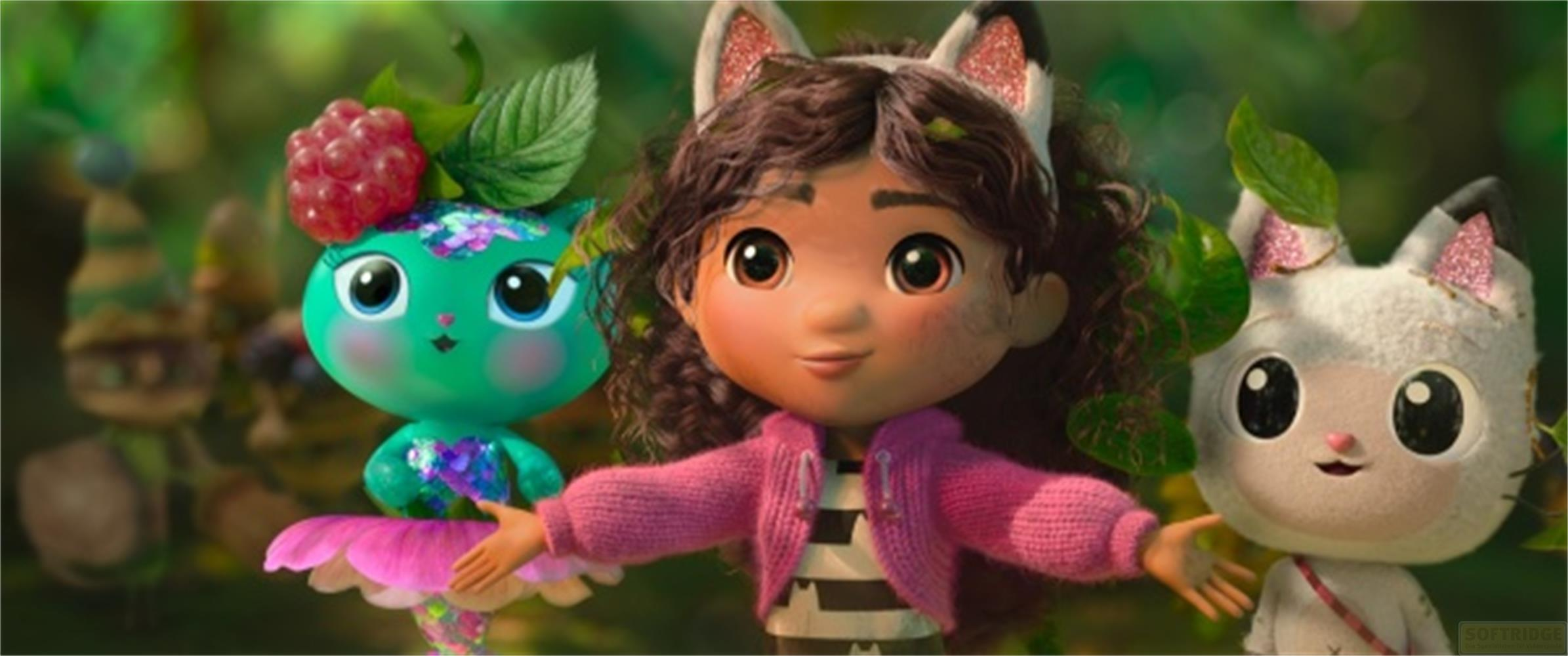 Tre personaggi dei cartoni animati con orecchie da gatto in una foresta: un gatto verde, una ragazza e un gatto bianco.