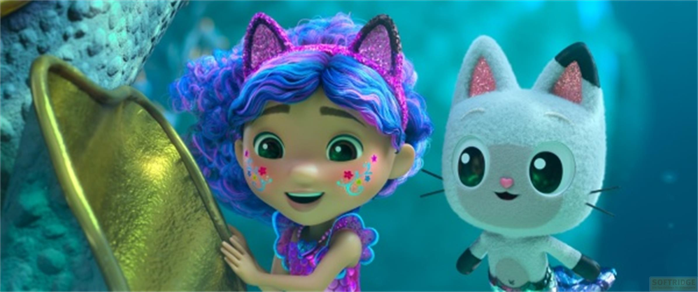 Una ragazza con capelli blu e un gattino con orecchie scintillanti davanti a un oggetto dorato.