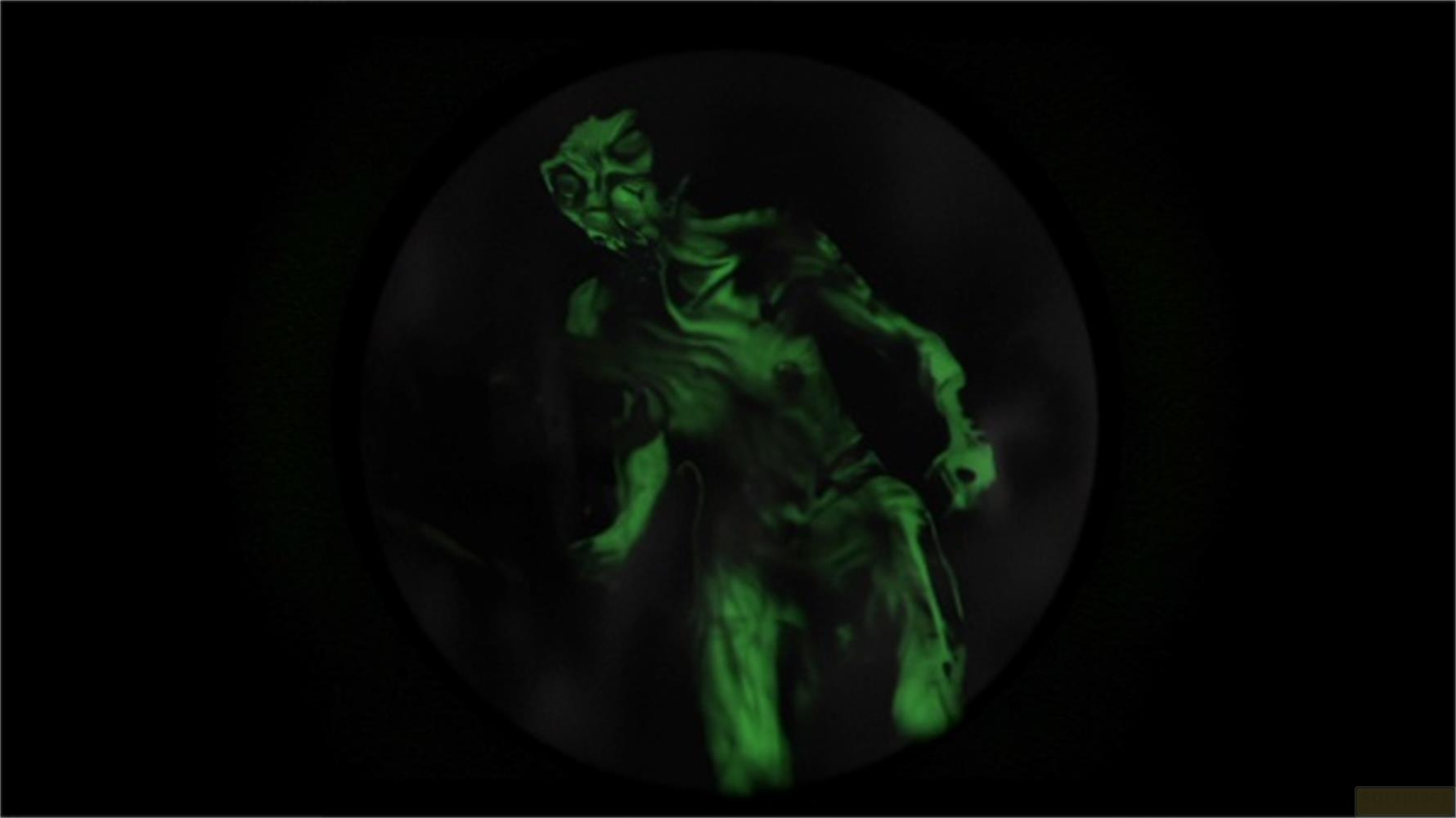 Una creatura verde luminosa con testa appuntita e corpo snello, all'interno di un cerchio.