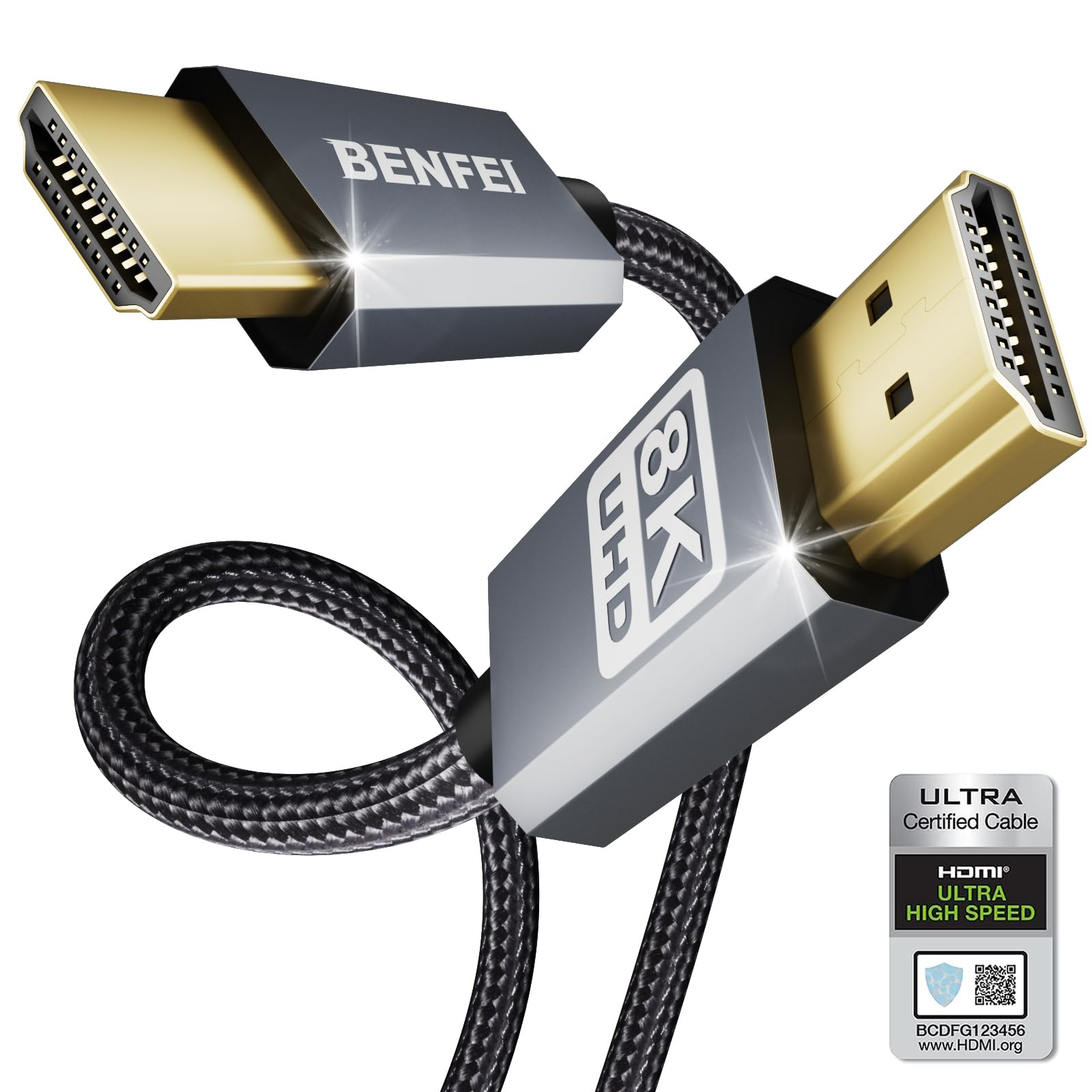 Ein BENFEI HDMI-Kabel mit 8K UHD-Unterstützung und goldenen Anschlüssen.
