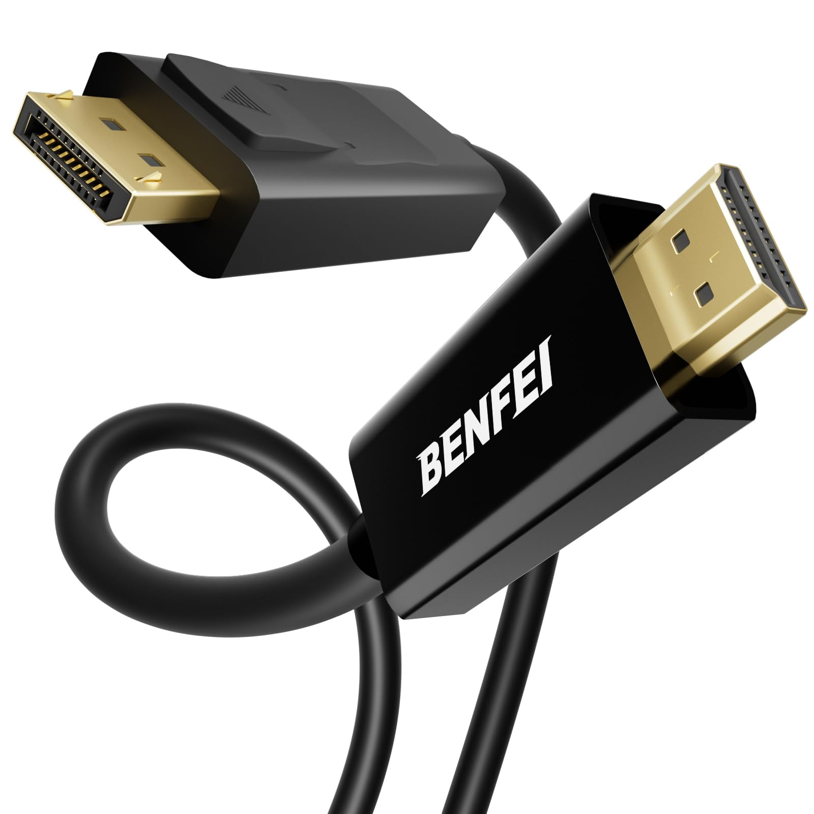 Ein schwarzes Kabel mit goldenen Anschlüssen. Ein Anschluss ist mit BENFEI beschriftet.