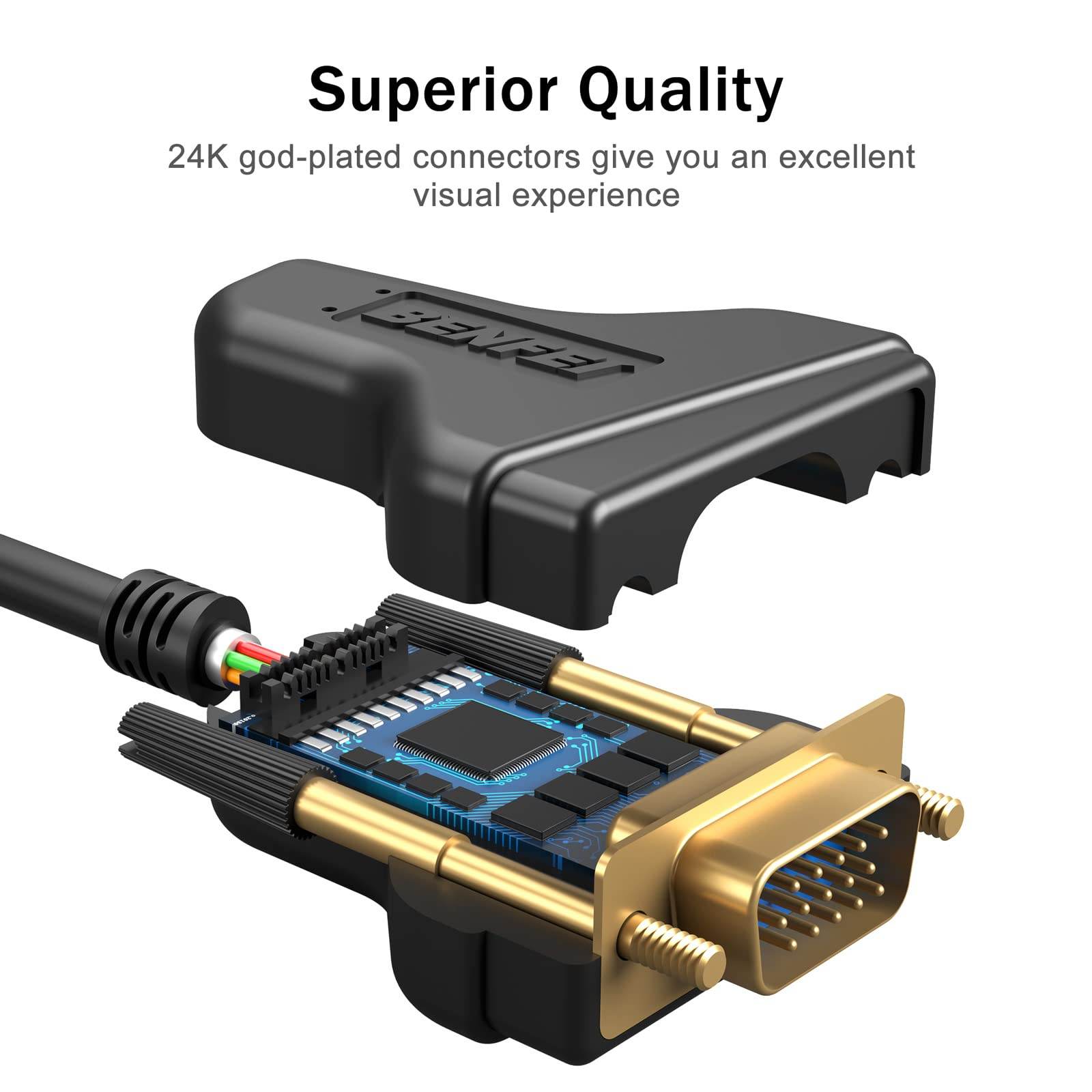 Ein offener VGA-Stecker mit Kabel, der die Platine und 24K-vergoldete Kontakte zeigt.