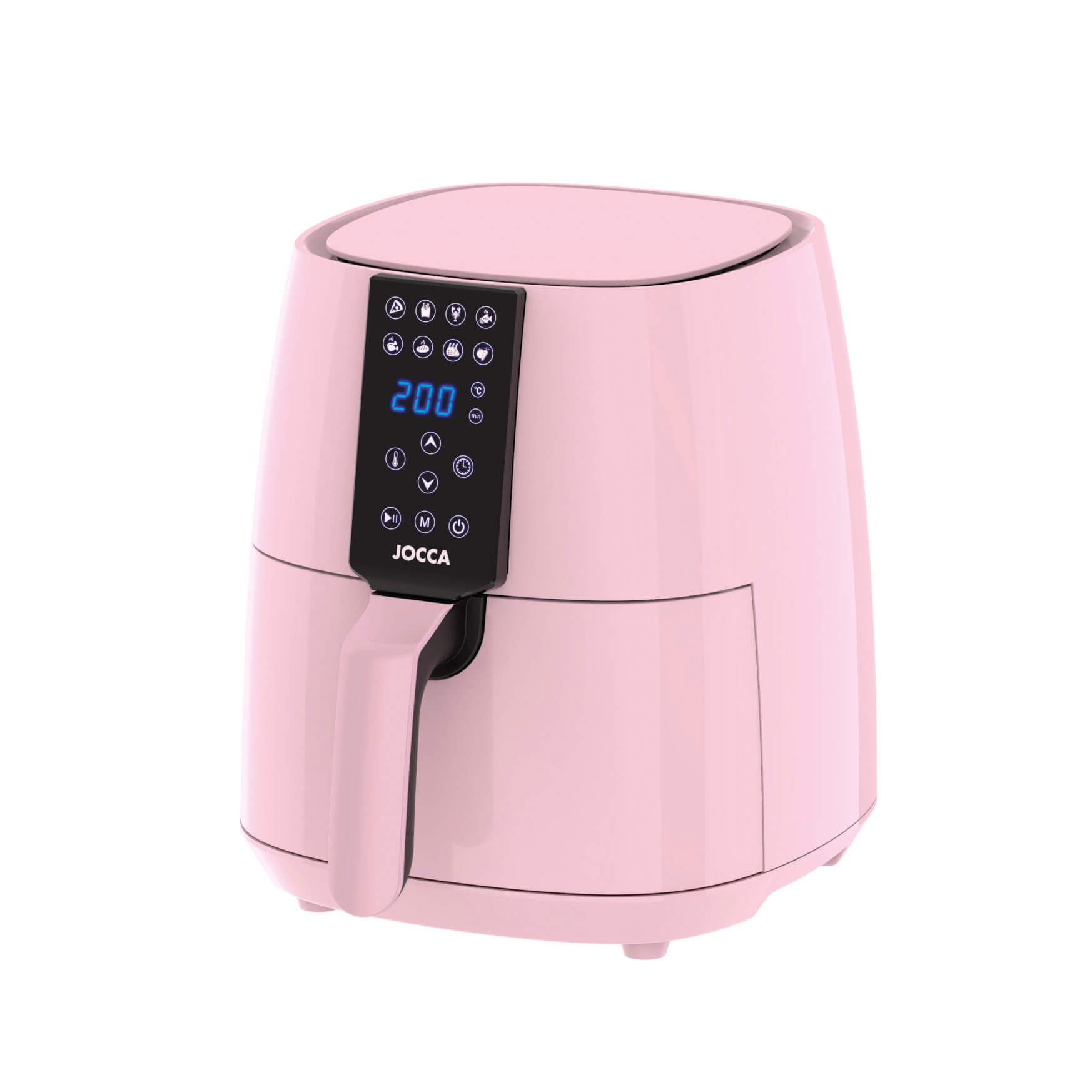 Una friggitrice ad aria rosa con display digitale e manico.