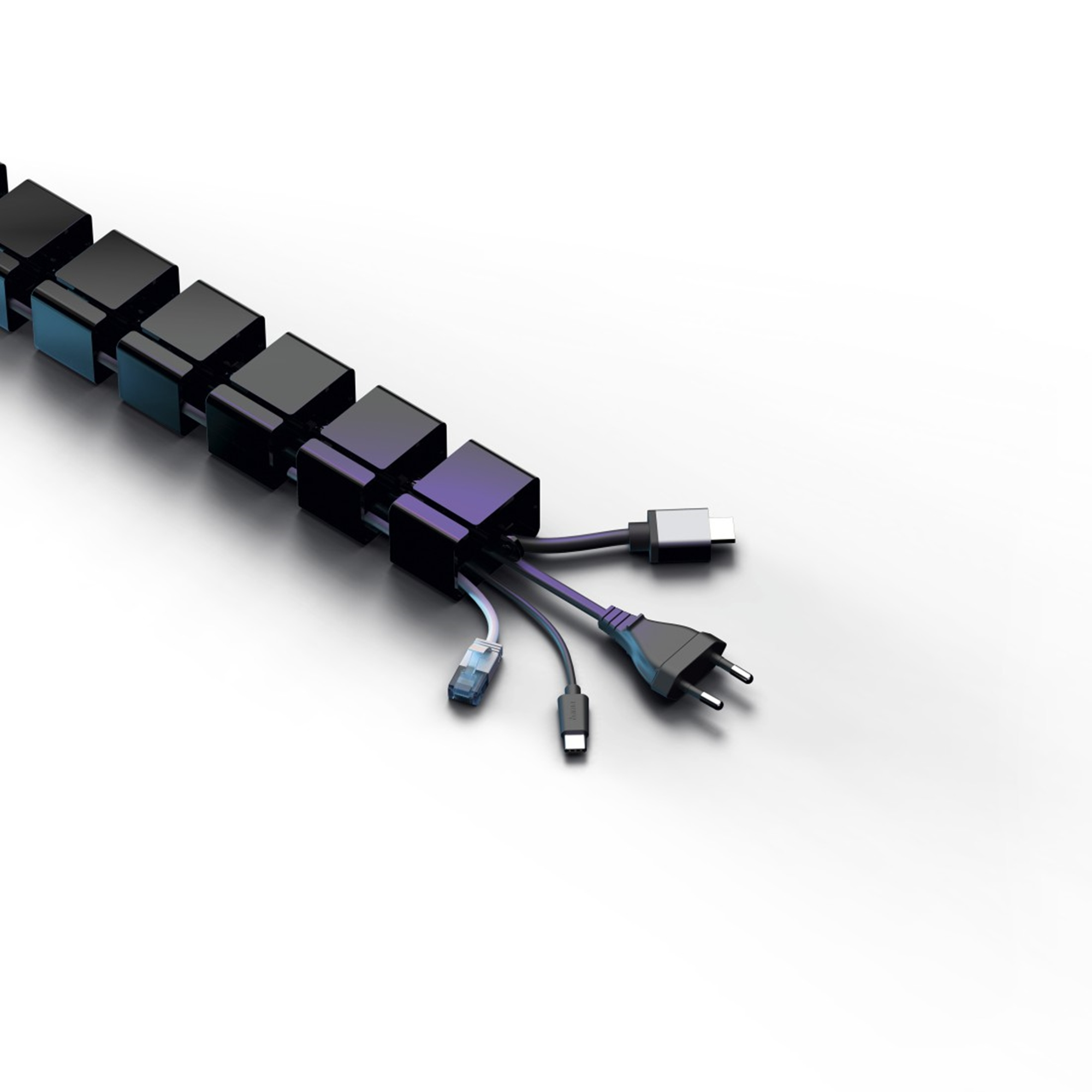 Schwarzer Kabelorganisator mit mehreren Steckeradaptern, darunter USB-C und Eurostecker.