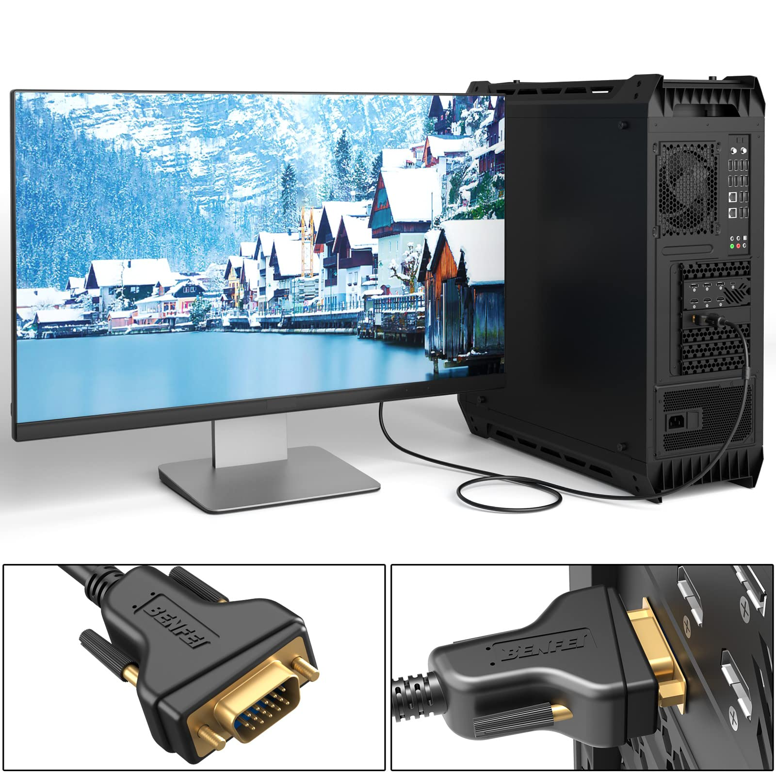 Ein schwarzer PC-Tower neben einem Monitor mit Winterlandschaft. Nahaufnahmen zeigen VGA-Kabelanschlüsse.