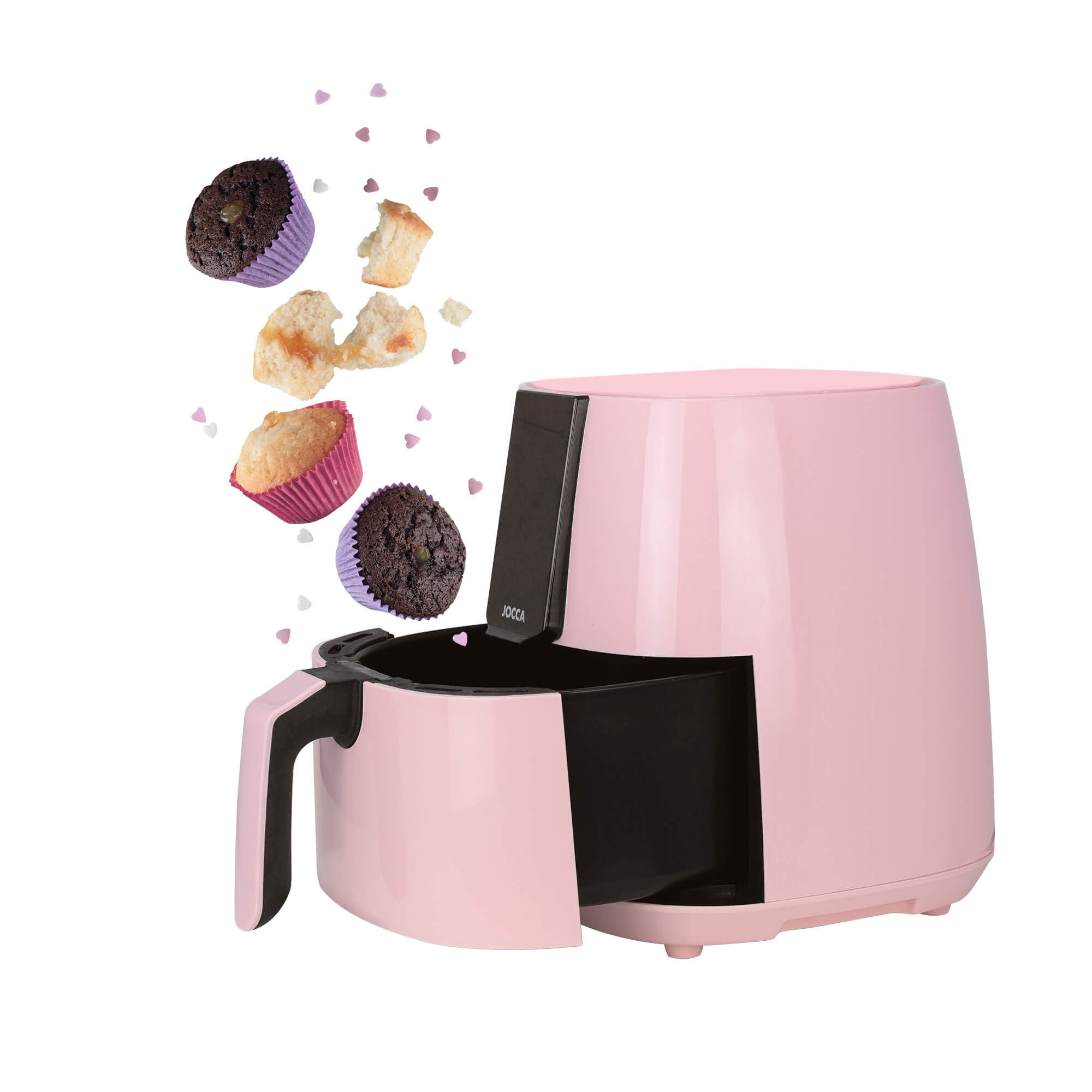 Una friggitrice ad aria rosa con muffin che cadono e zuccherini a cuore.
