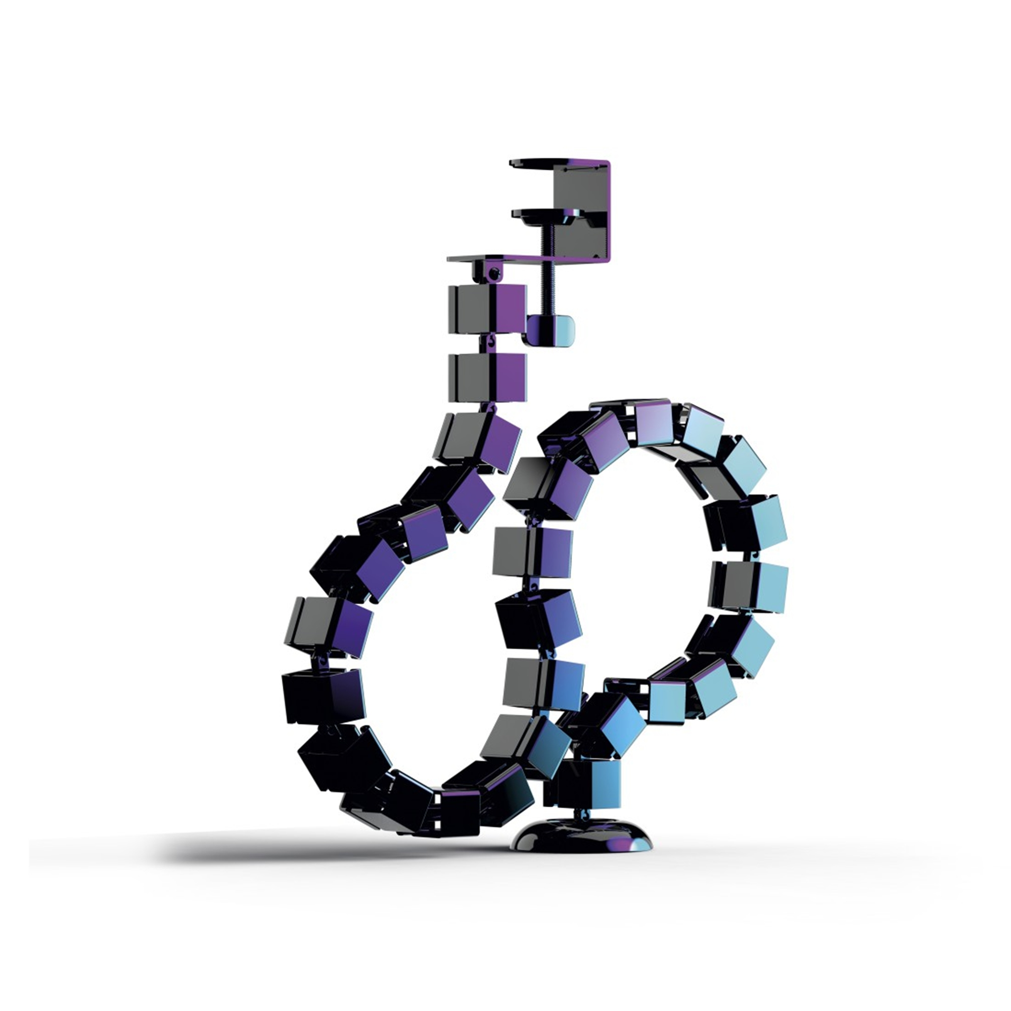 Ein metallischer Arm mit Würfeln in Lila und Blau auf einem Sockel.