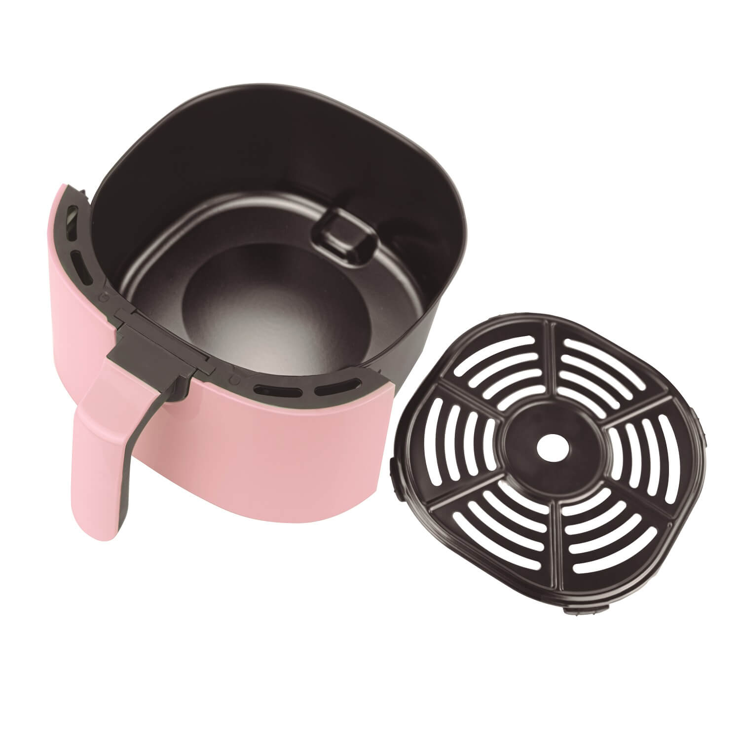 Una friggitrice ad aria rosa con cestello e inserto neri estratti.