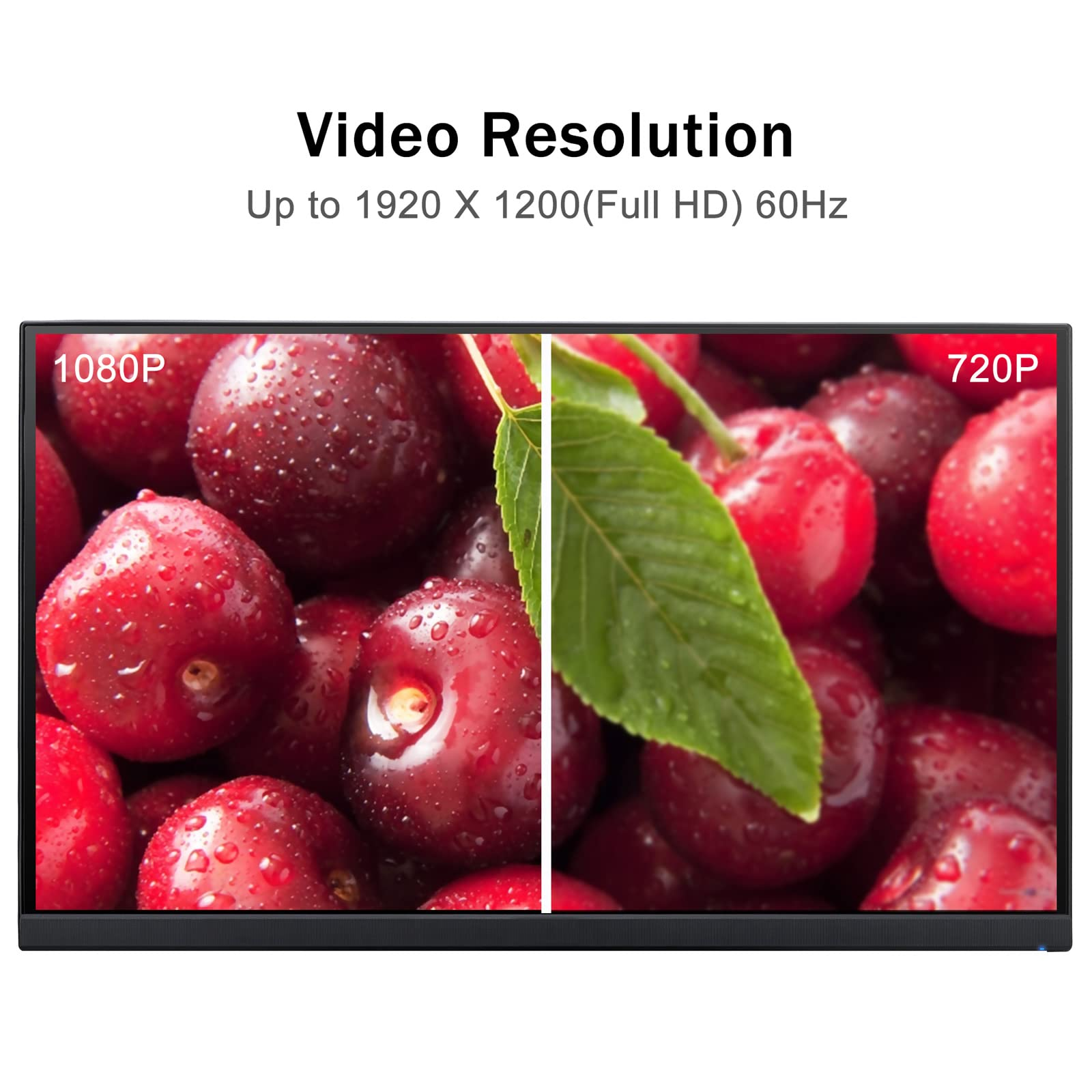 Ein Bildschirm zeigt Kirschen in 1080p links und 720p rechts.