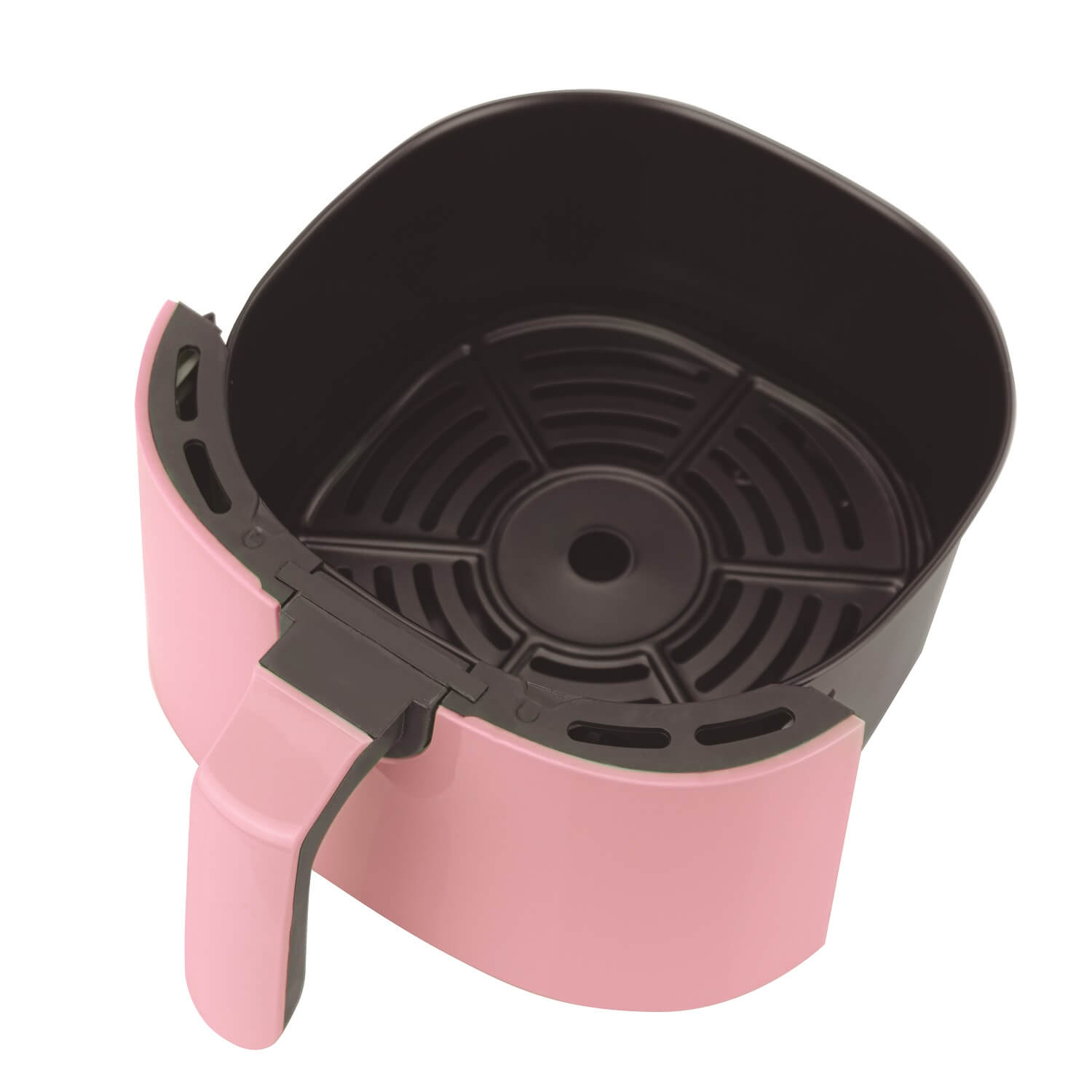 Una friggitrice ad aria rosa con interno e griglia neri.