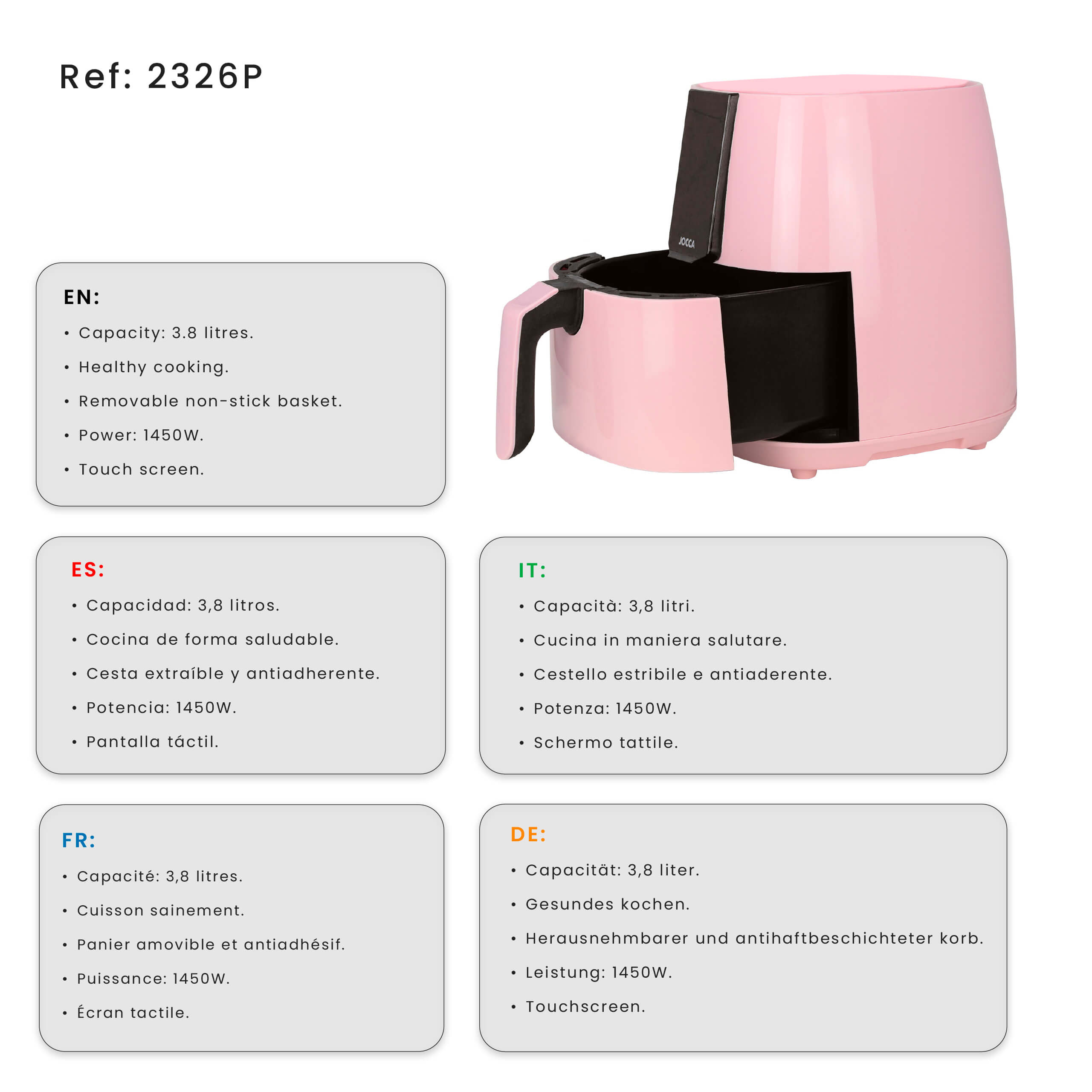 Una friggitrice ad aria rosa con capacità 3,8 L e potenza 1450 W.