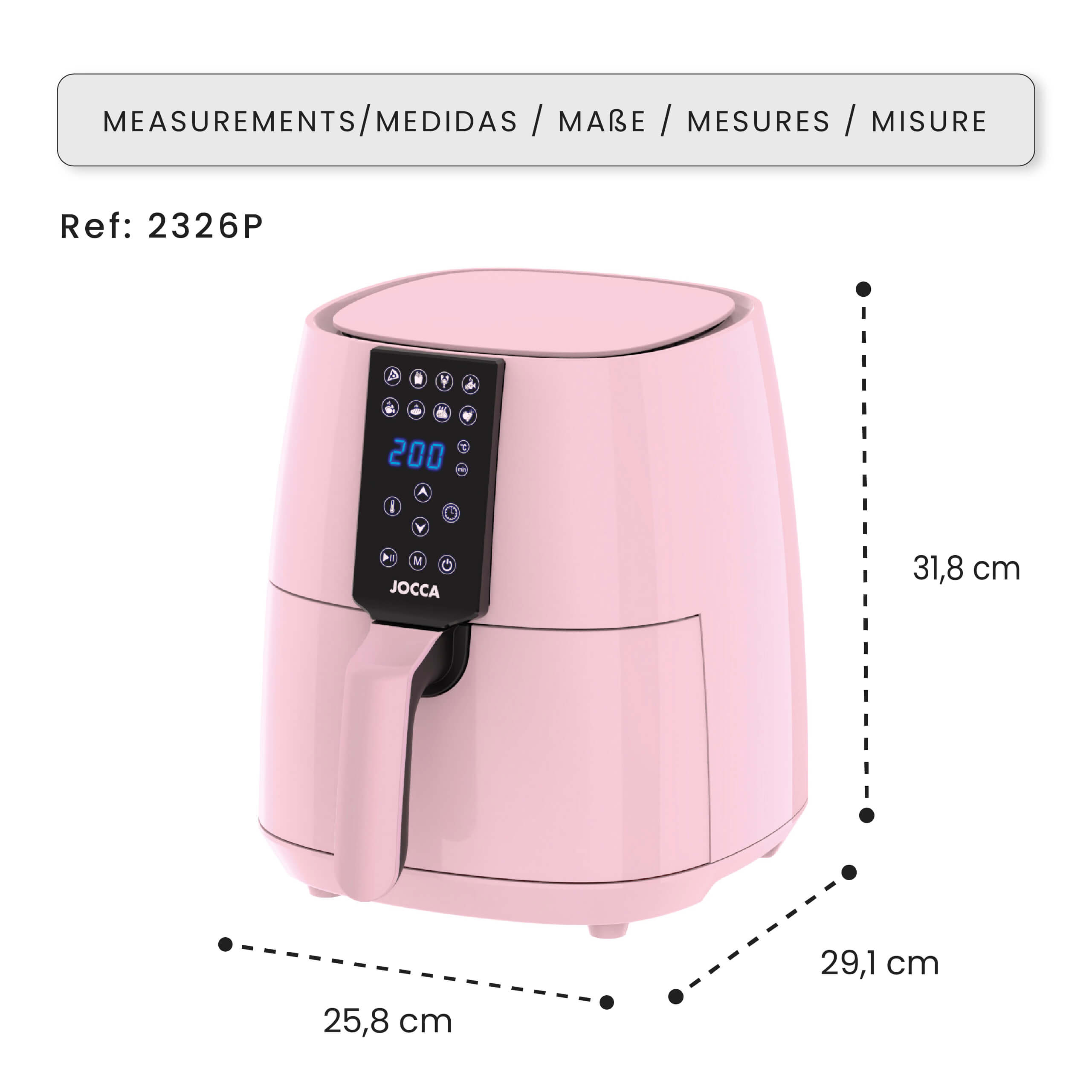 Una friggitrice ad aria rosa con display digitale e misure.