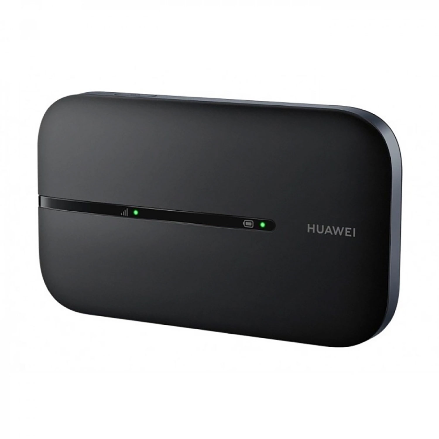 Schwarzes Huawei Mobile WiFi-Gerät mit leuchtenden grünen LEDs und einem Akkusymbol.