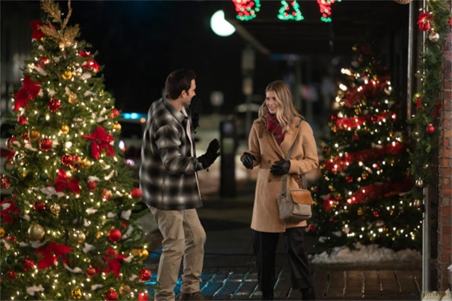Uomo e donna davanti ad alberi di Natale illuminati di notte.