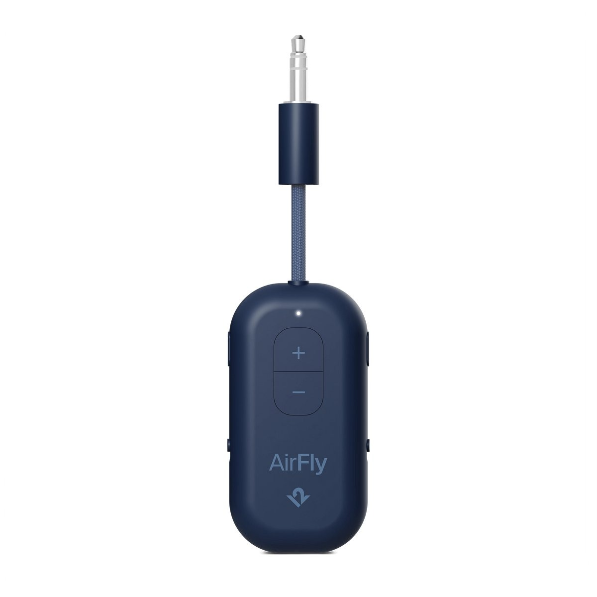 Un trasmettitore AirFly blu scuro con spina da 3,5 mm e pulsanti +/-.