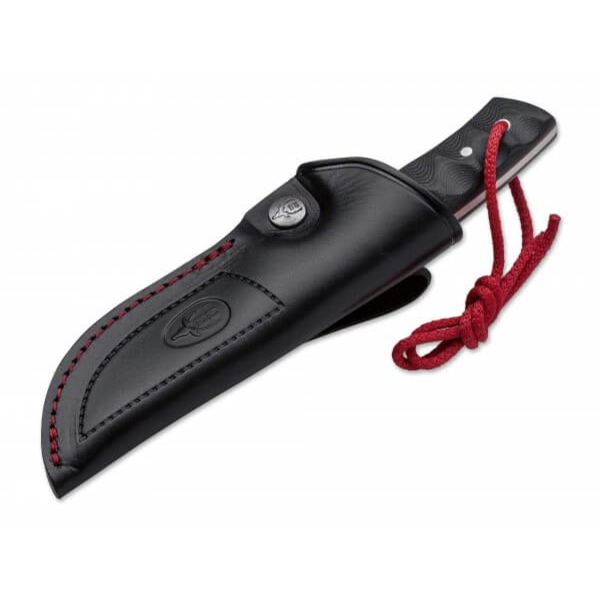 Ein schwarzes Lederholster mit rotem Faden und einem Messer mit schwarzem Griff.