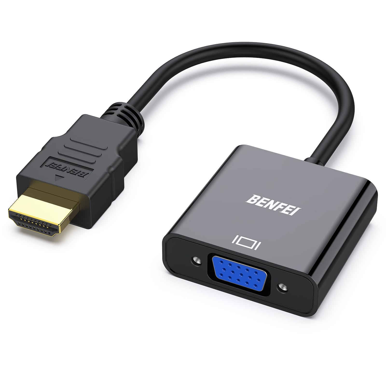 Ein schwarzer HDMI-zu-VGA-Adapter mit goldenem HDMI-Stecker und blauem VGA-Anschluss.