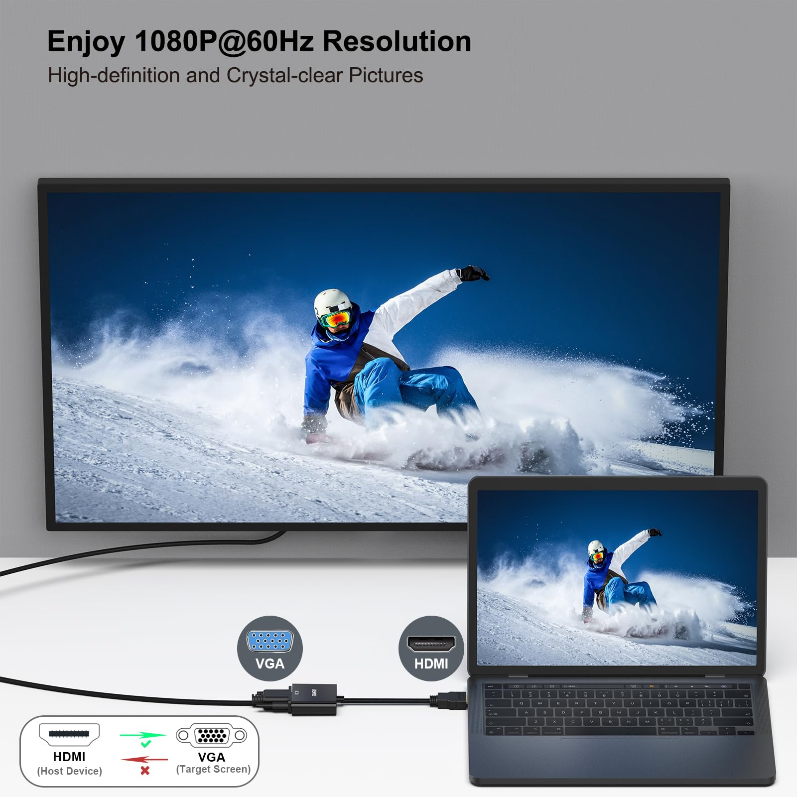 Ein Snowboarder fährt auf einem verschneiten Hang, verbunden mit einem Laptop und einem Monitor.