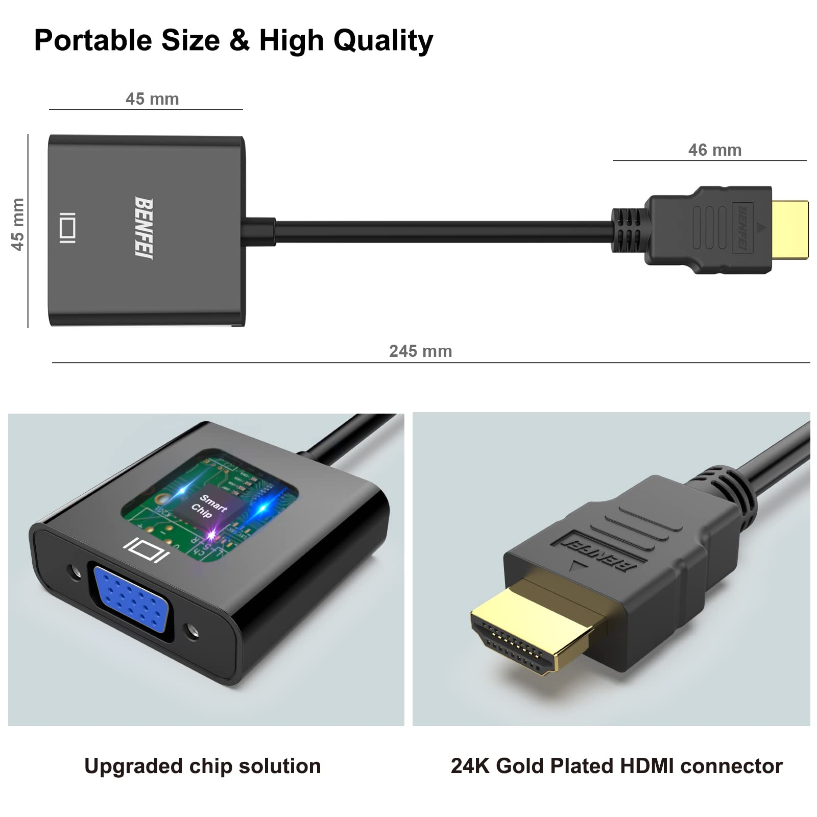 Ein schwarzer VGA-zu-HDMI-Adapter mit einem blauen VGA-Anschluss und einem HDMI-Stecker.