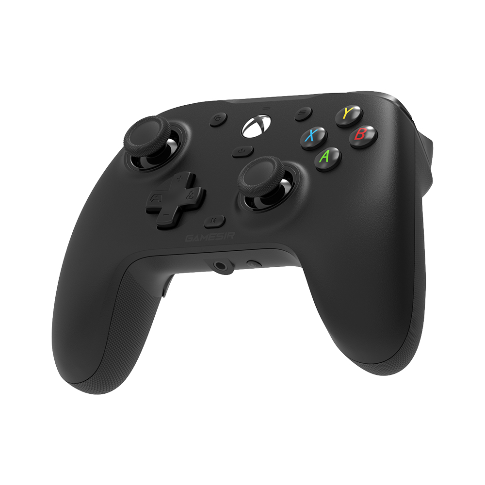 Schwarzer Gaming-Controller mit zwei Joysticks, D-Pad und bunten Tasten.