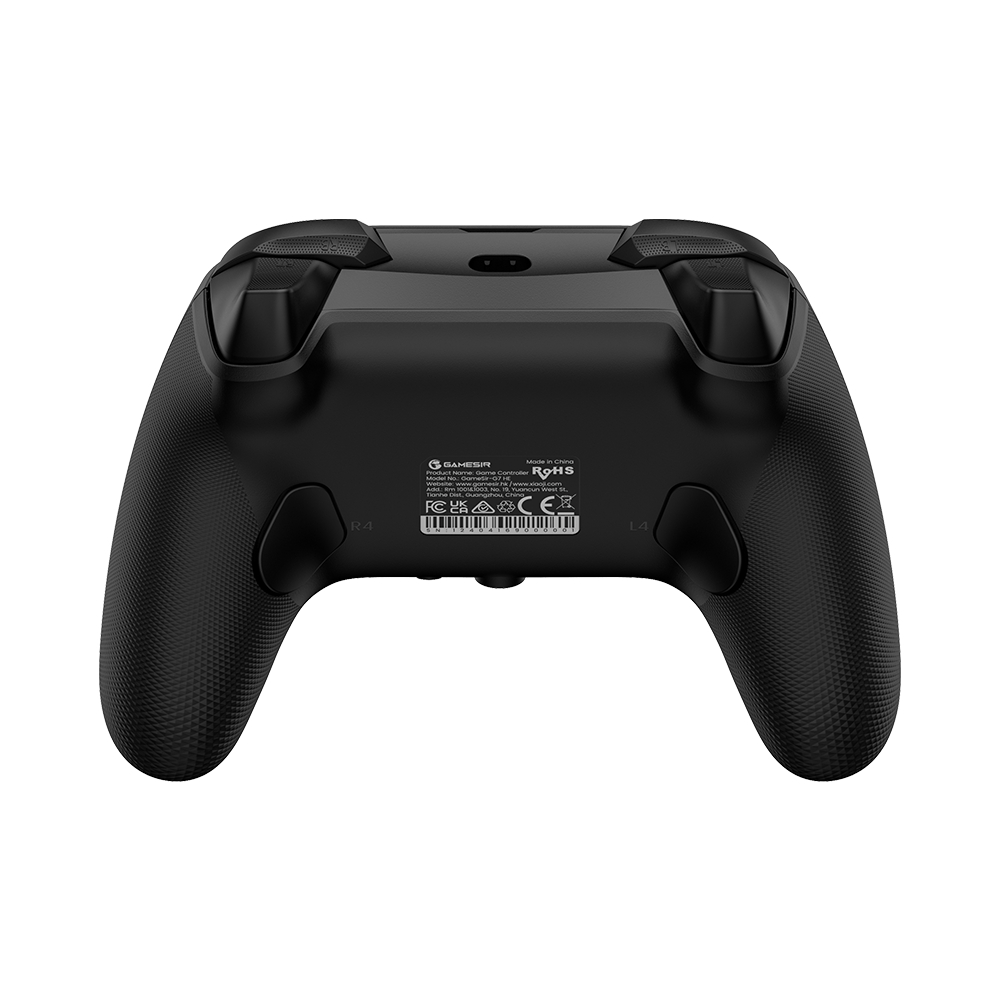 Schwarzer Gamecontroller von hinten mit L4- und R4-Tasten.