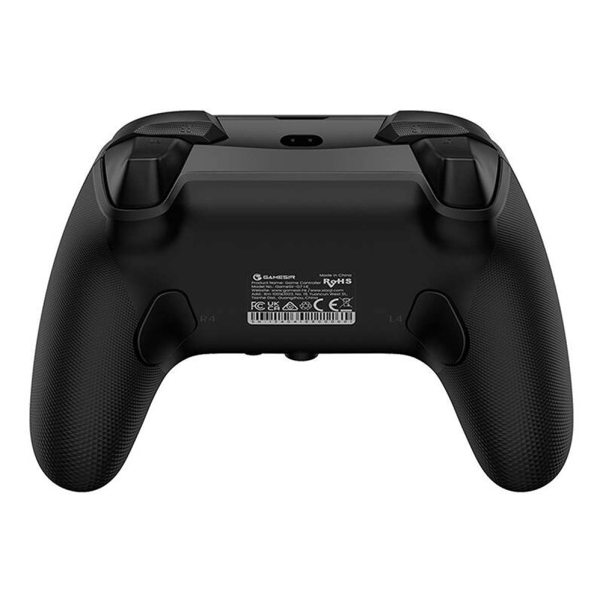 Schwarzer Gaming-Controller mit R4 und L4 Tasten. Rückseite mit Herstellerangaben.