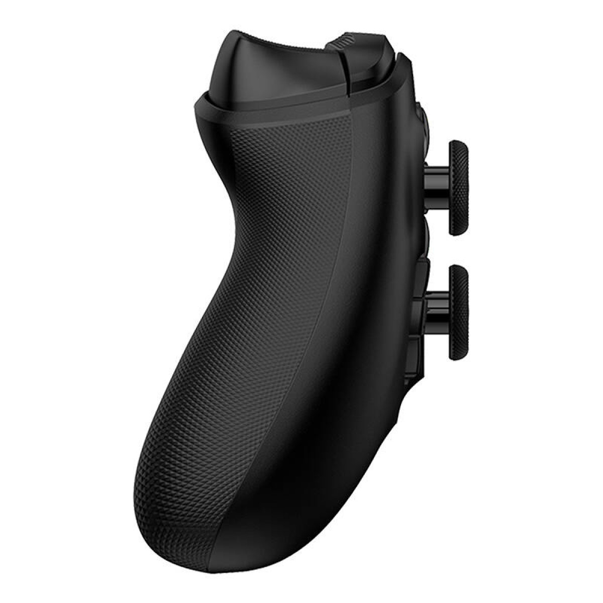 Schwarzer Gaming-Controller-Griff mit texturiertem Design und zwei Steuerknöpfen.