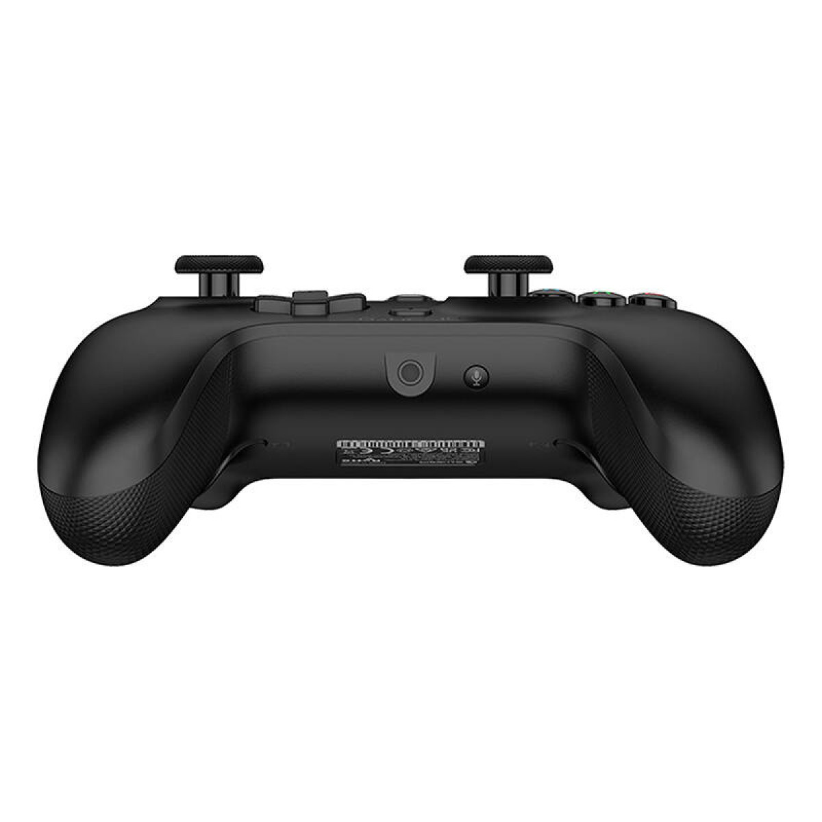 Schwarzer Gamecontroller mit zwei Joysticks, Tasten und Griffen.