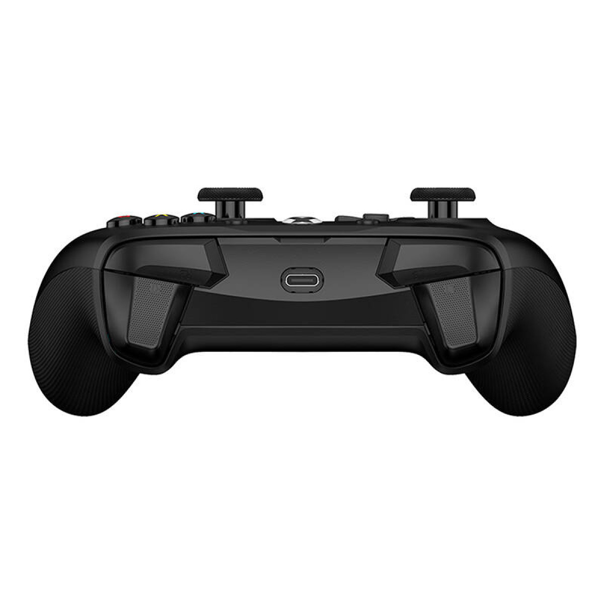 Schwarzer Gaming-Controller mit zwei Joysticks und USB-C-Anschluss.