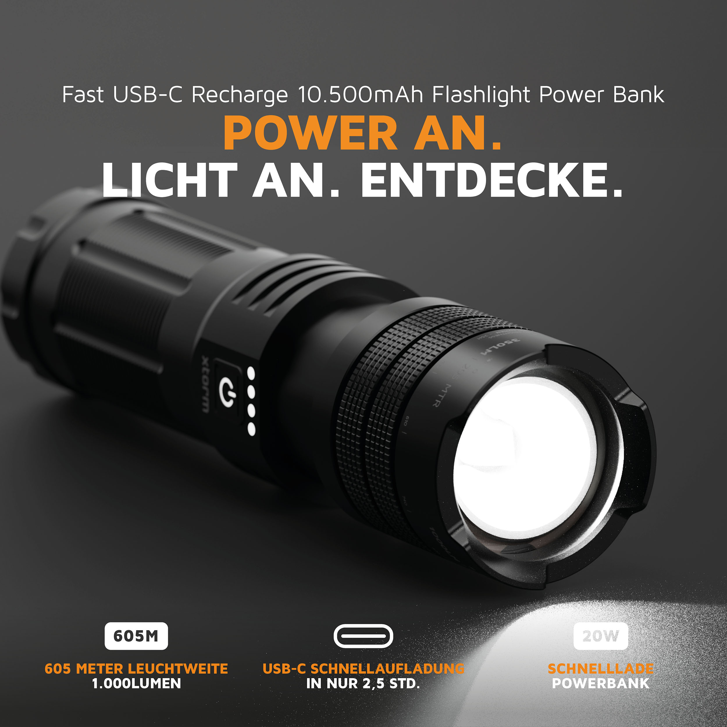 Torcia nera con USB-C, 605m di portata, 1000 lumen.