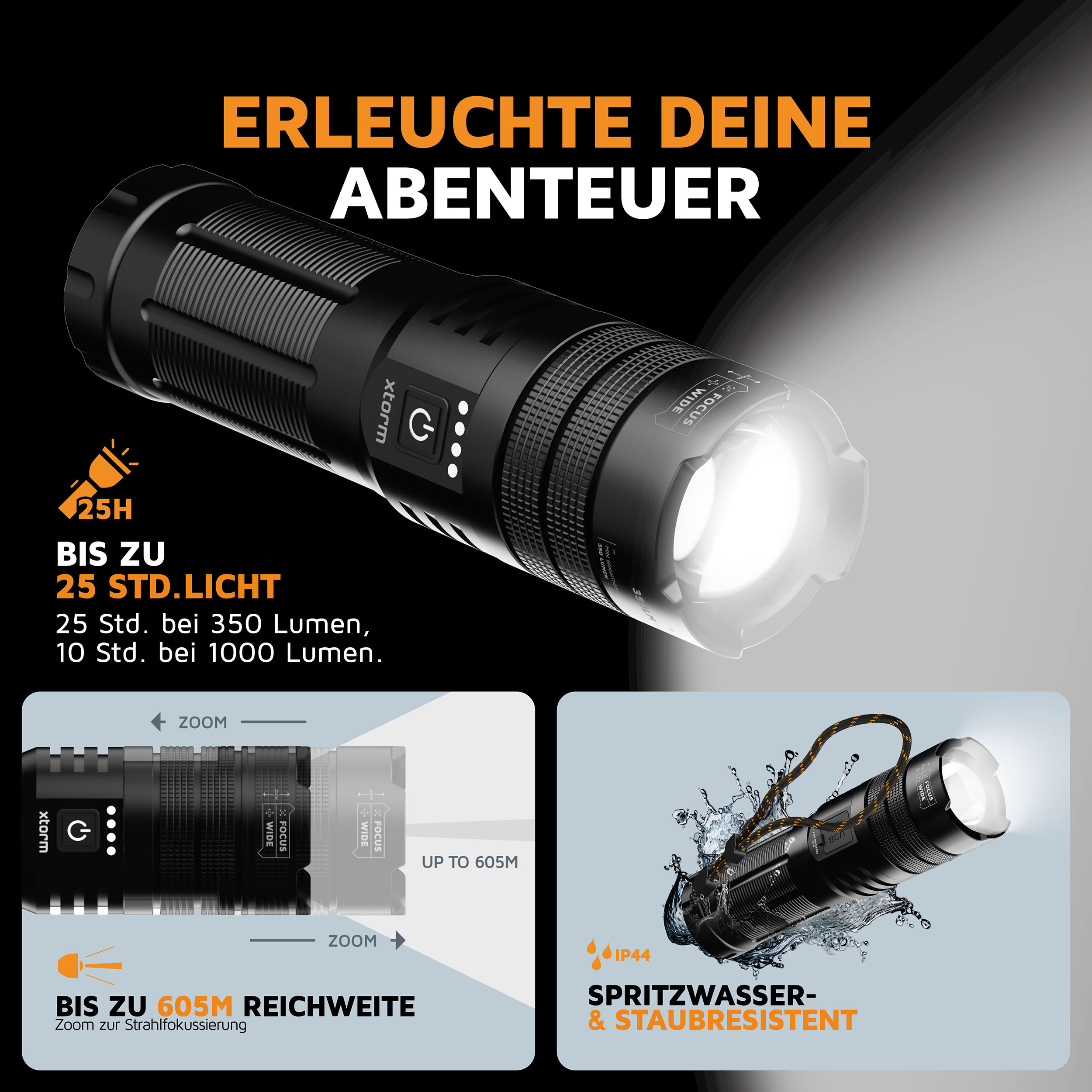 Torcia xtorm nera con zoom, grado IP44, fino a 605m di portata.