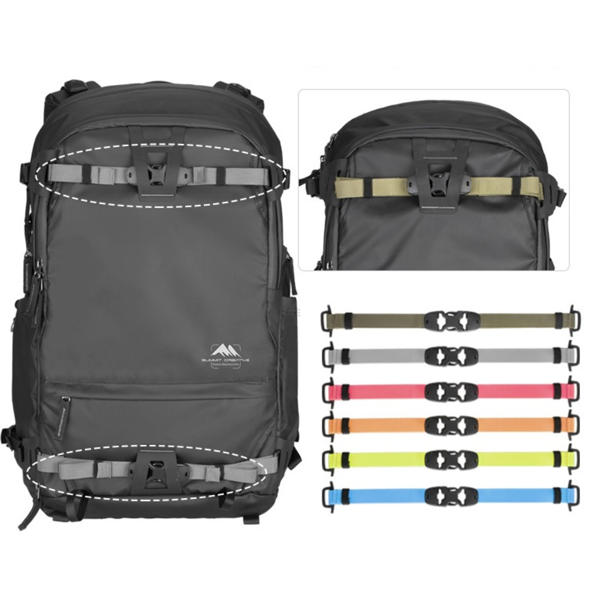 Rucksack mit verstellbaren Gurten in verschiedenen Farben und Schnallen.