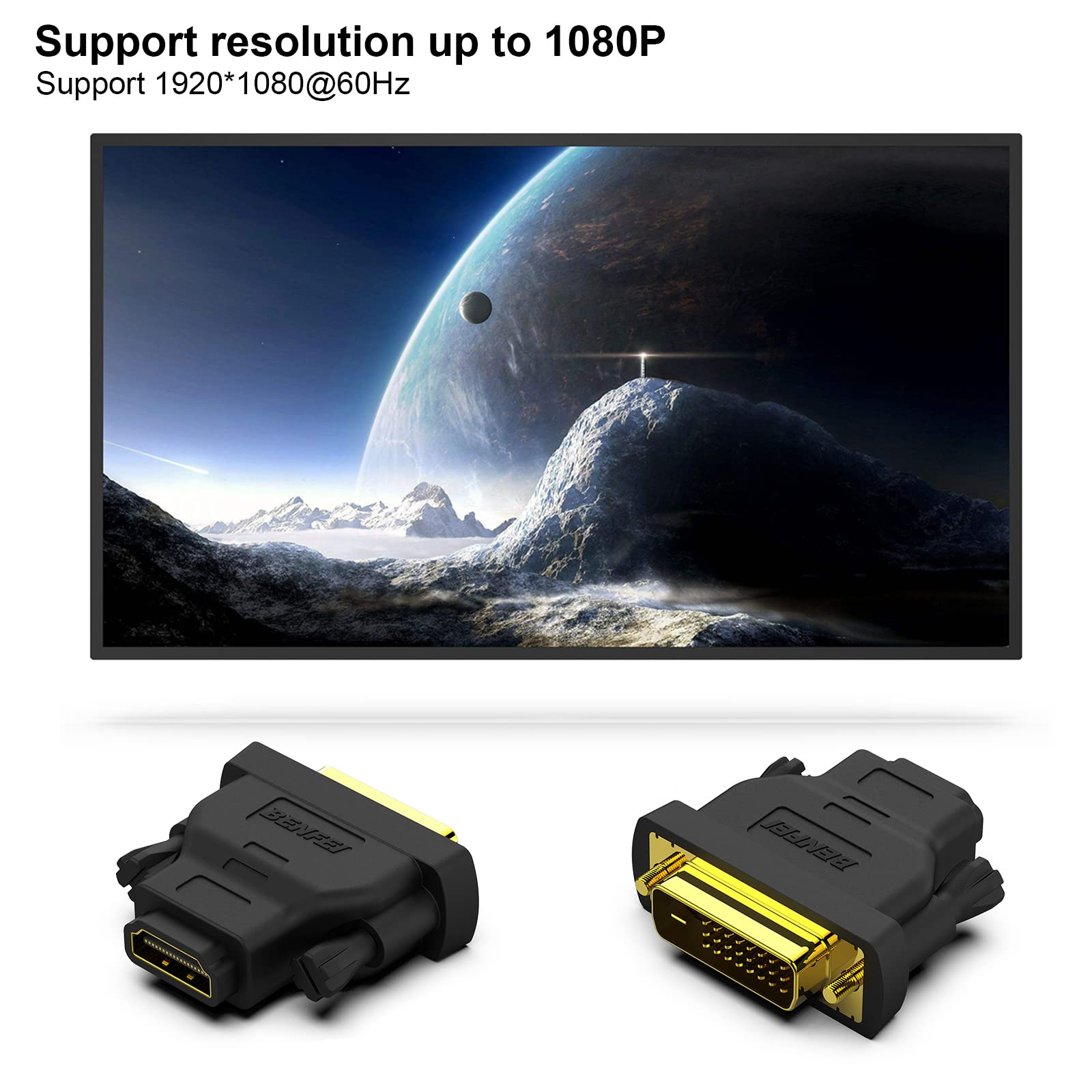 Ein Monitor zeigt eine Weltraumlandschaft mit Planeten. Darunter liegen zwei schwarze Adapter.