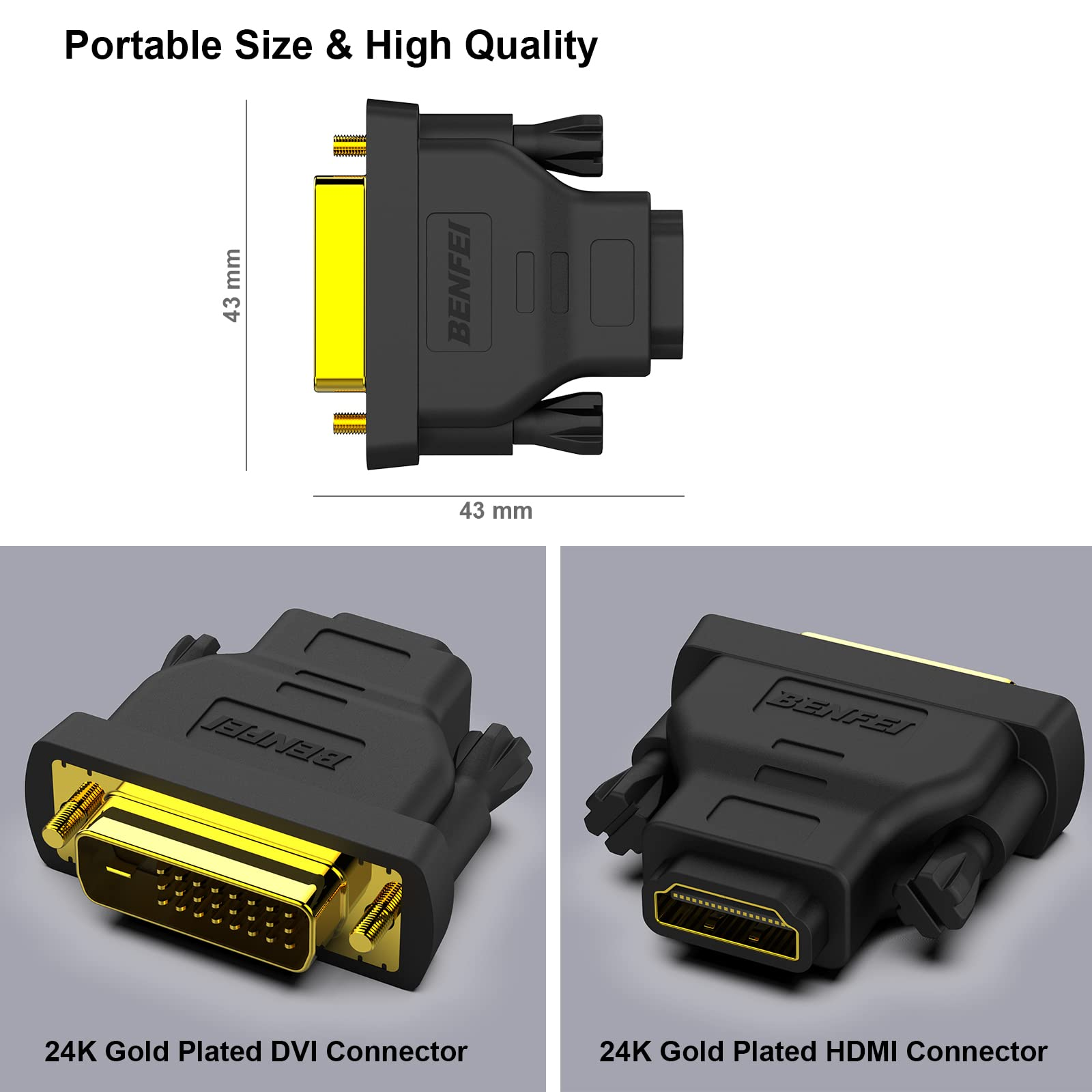 Schwarzer DVI-zu-HDMI-Adapter mit 24K-Goldbeschichtung. Maße 43x43mm.