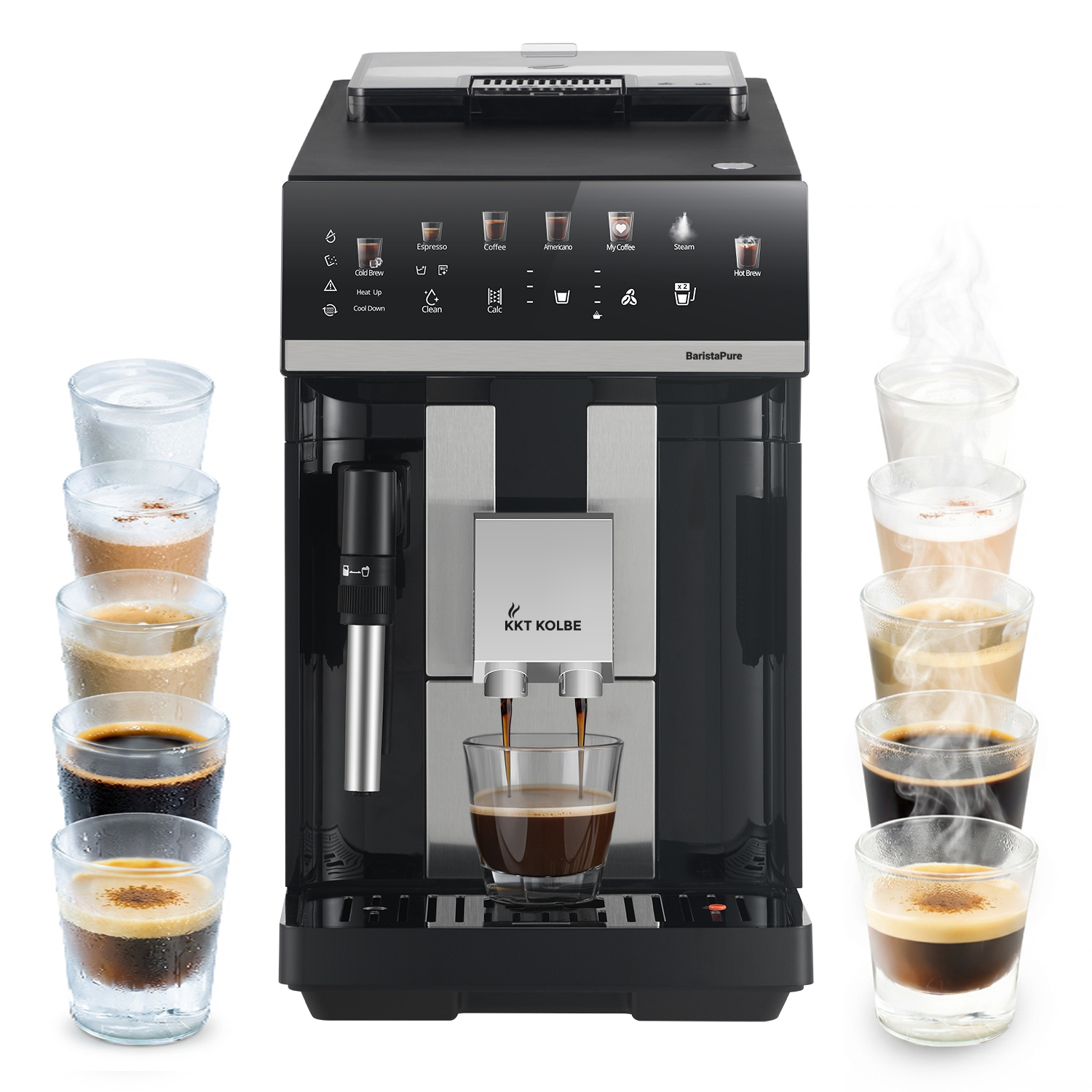 Eine schwarze Kaffeemaschine mit 8 Gläsern Kaffee und Milchschaum.