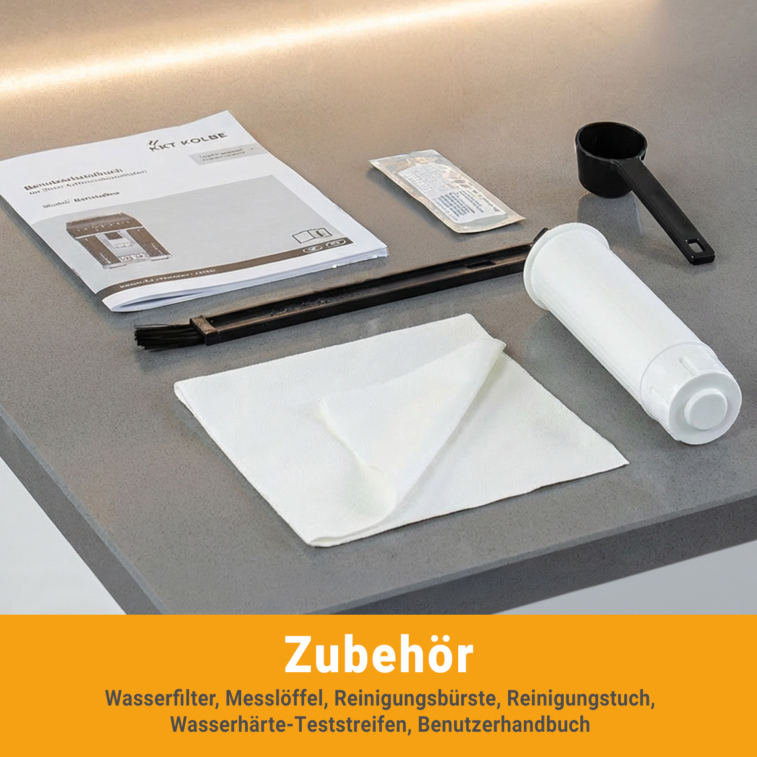 Zubehör: Wasserfilter, Messlöffel, Bürste, Tuch, Teststreifen, Handbuch.