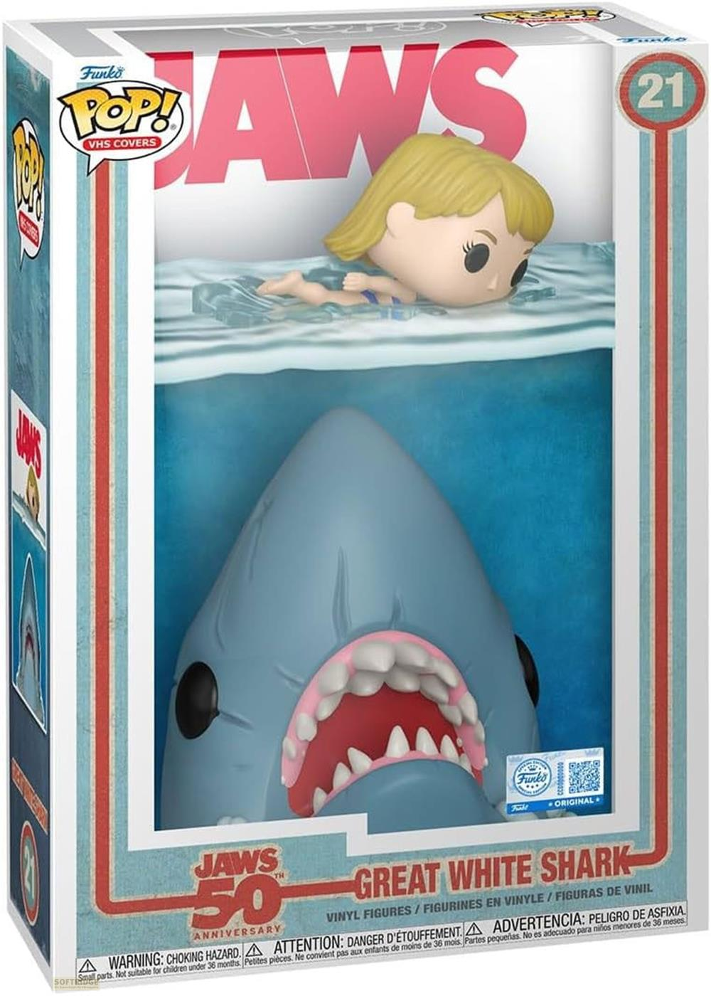 Jaws Funko Pop! Vinyl Figur: Hai attackiert schwimmendes Mädchen in VHS-Verpackung.