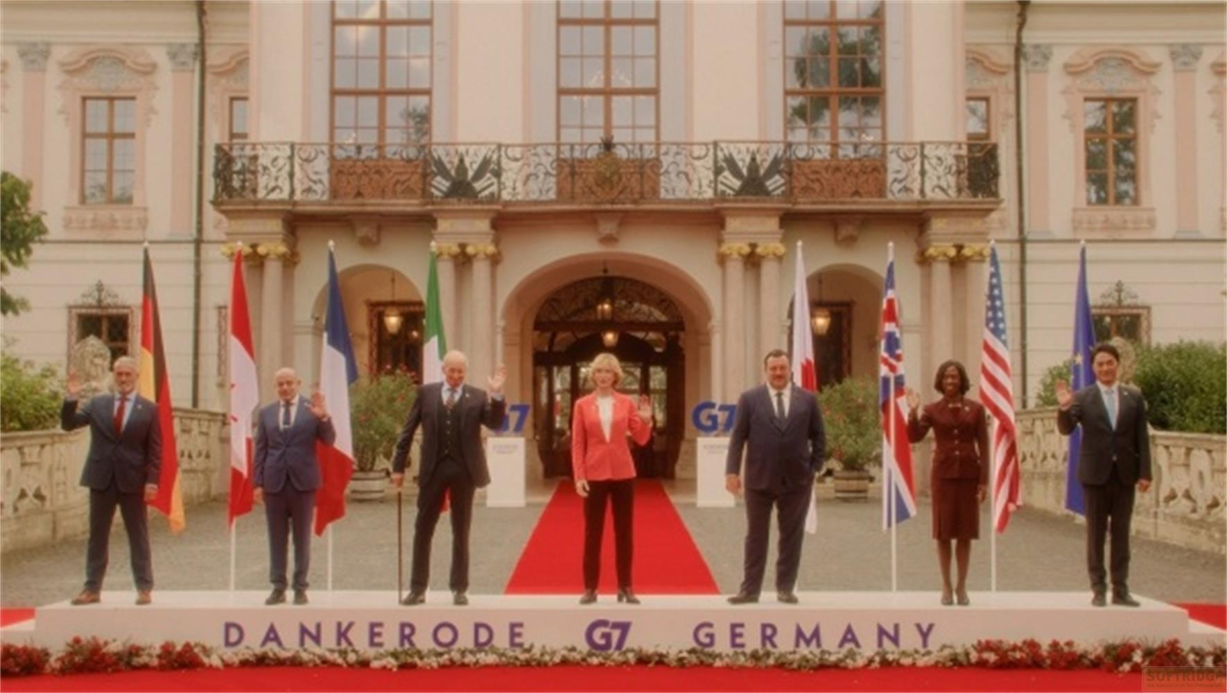 Vertice G7: Capi di stato e di governo salutano davanti a una villa.