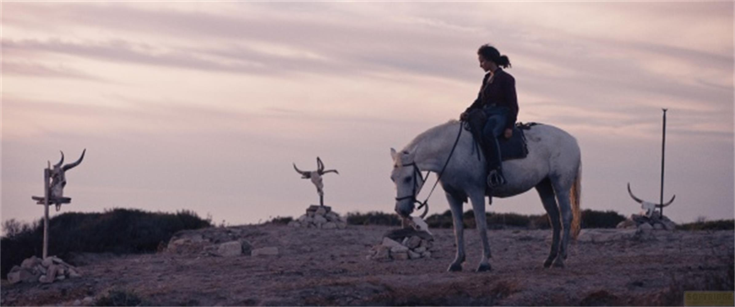 Una donna cavalca un cavallo bianco in un paesaggio arido al tramonto.