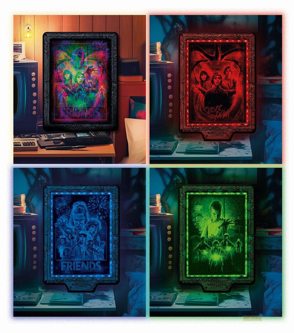 Vier "Stranger Things"-Leuchtreklamen mit Charakteren in roten, blauen, grünen und bunten Lichtern.