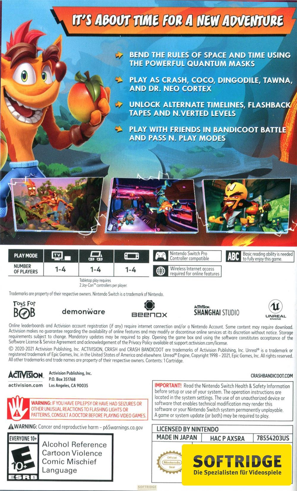 Copertina di Crash Bandicoot N. Sane Trilogy. Crash tiene un frutto, testo sul gameplay.