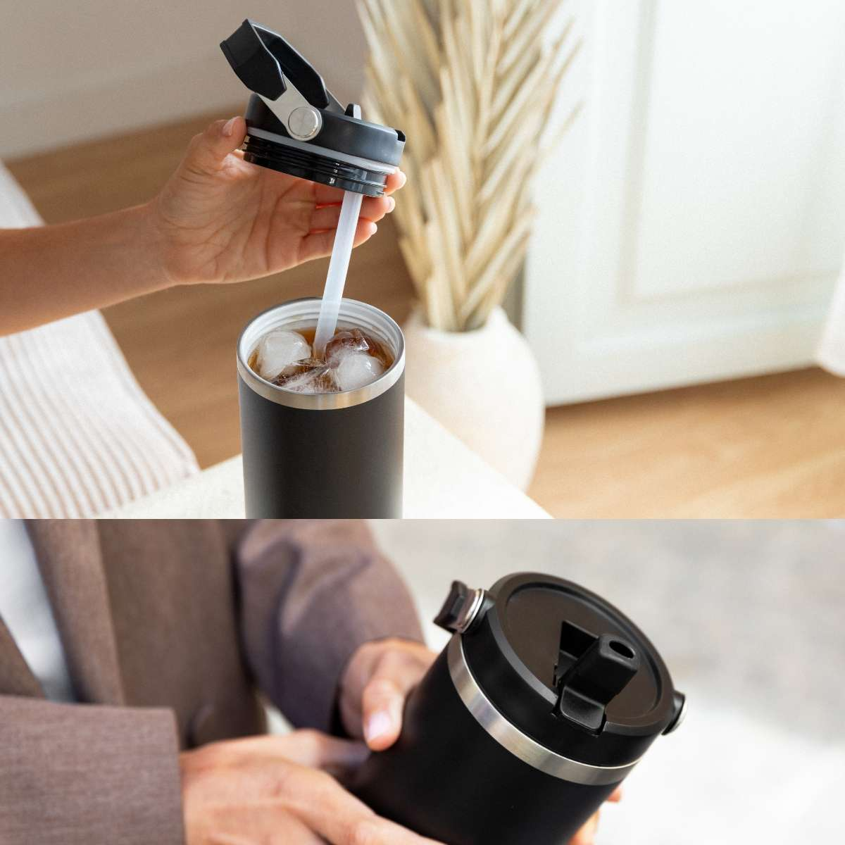 Una mano sostiene la tapa de un vaso negro con hielo y pajita.