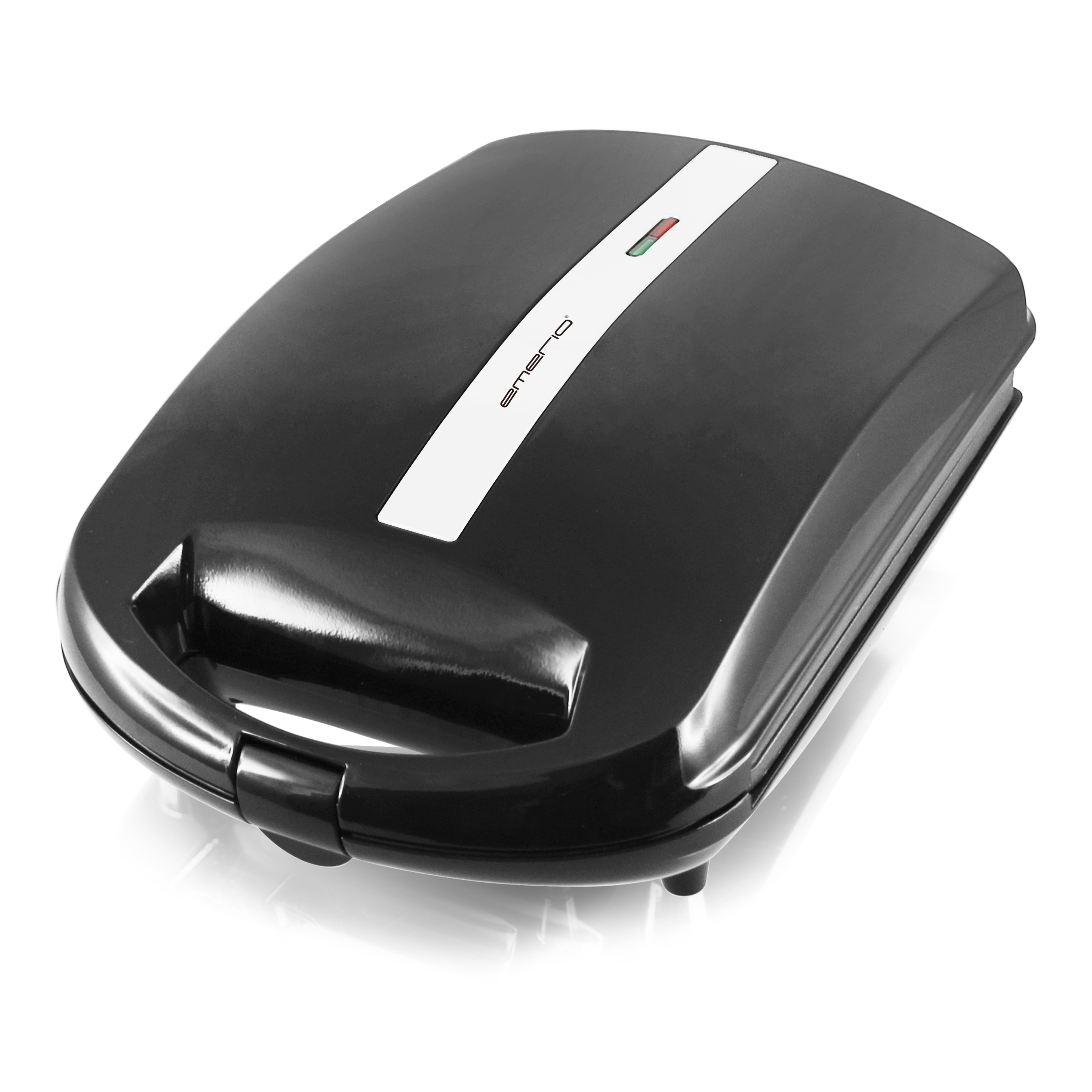 Schwarzer Sandwichmaker mit weißem Streifen und Lämpchen.